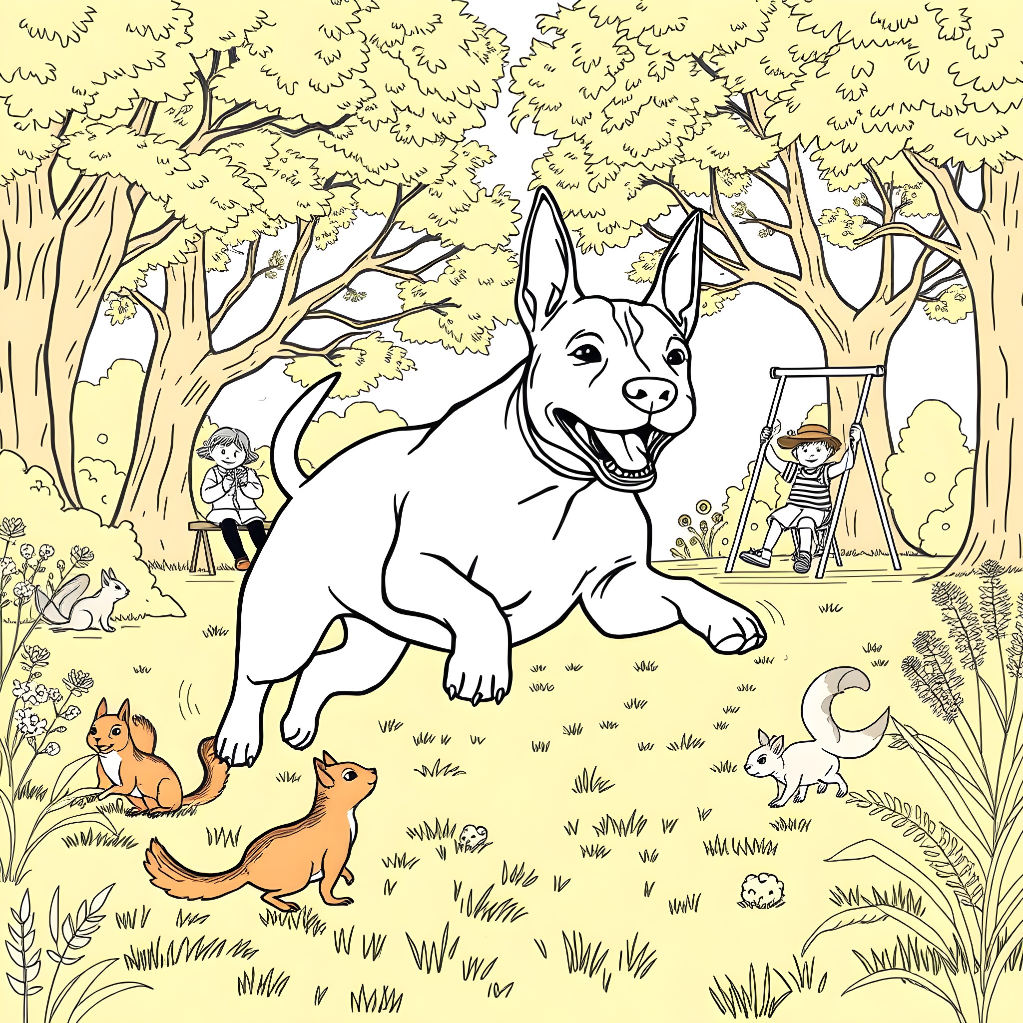 Bull Terrier enjoying playtime in the lush forest Coloring Page (free black-and-white line drawing printable PDF for all, from beginners to advanced learners, including children, teens, adults, and seniors)