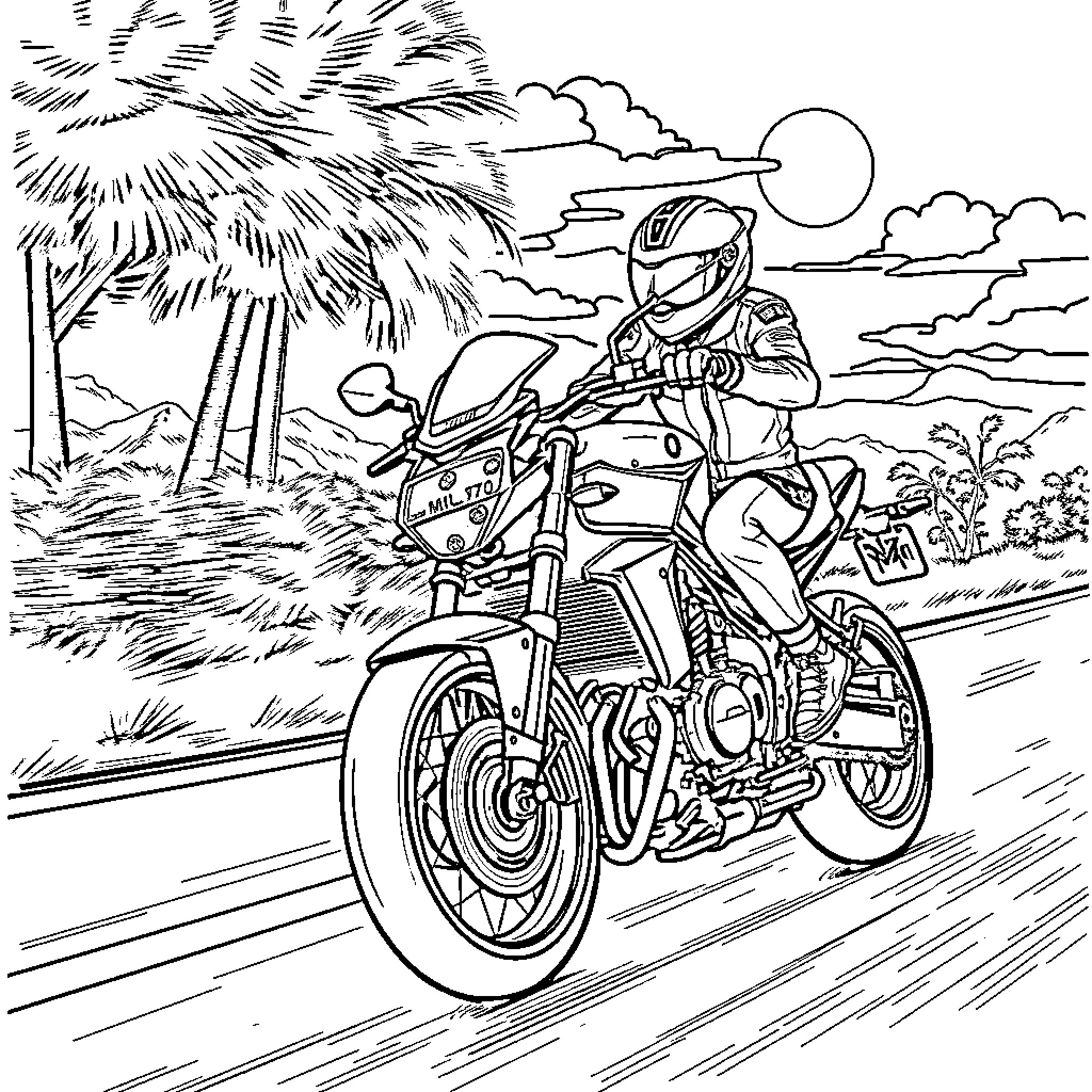 Yamaha MT07 motorcycle rider on the road Coloring Page (free black-and-white line drawing printable PDF for all, from beginners to advanced learners, including children, teens, adults, and seniors)