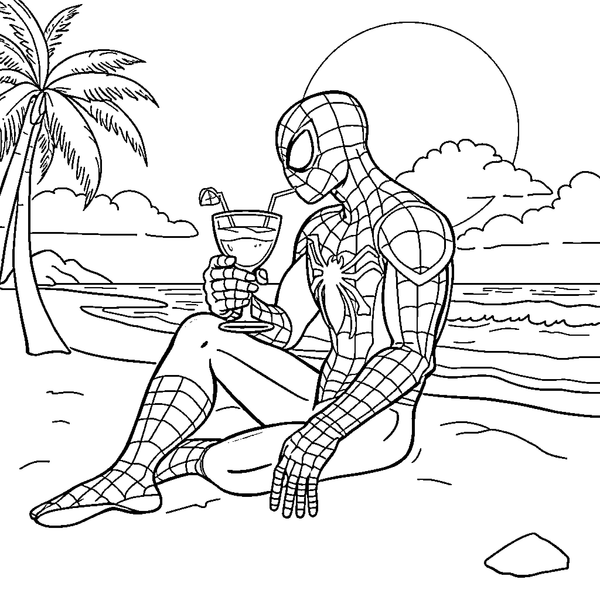 Spider-Man relaxing on the beach with a drink Coloring Page (free black-and-white line drawing printable PDF for all, from beginners to advanced learners, including children, teens, adults, and seniors)