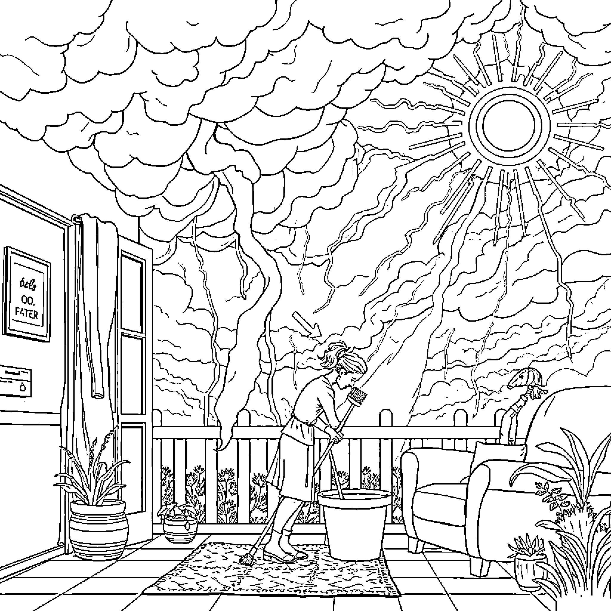 Lady Enjoys the Outdoor Patio on a Sunny Day Coloring Page (free black-and-white line drawing printable PDF for all, from beginners to advanced learners, including children, teens, adults, and seniors)