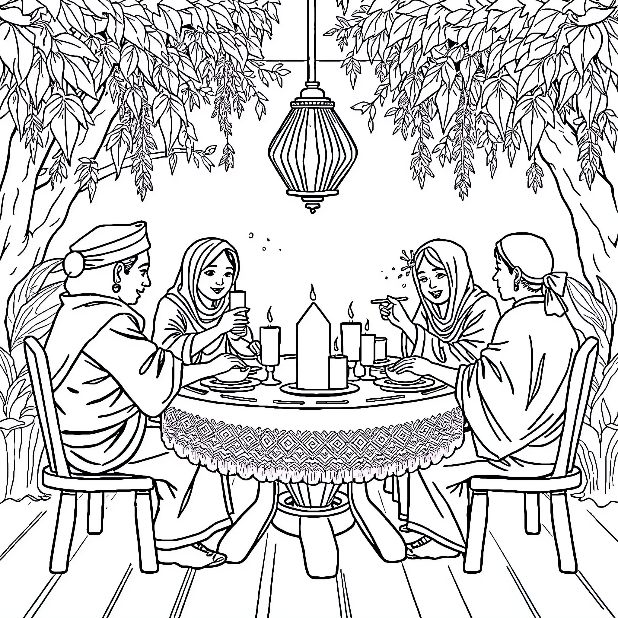 Tung Tung's Tranquil Garden Gathering Coloring Page (free black-and-white line drawing printable PDF for all, from beginners to advanced learners, including children, teens, adults, and seniors)