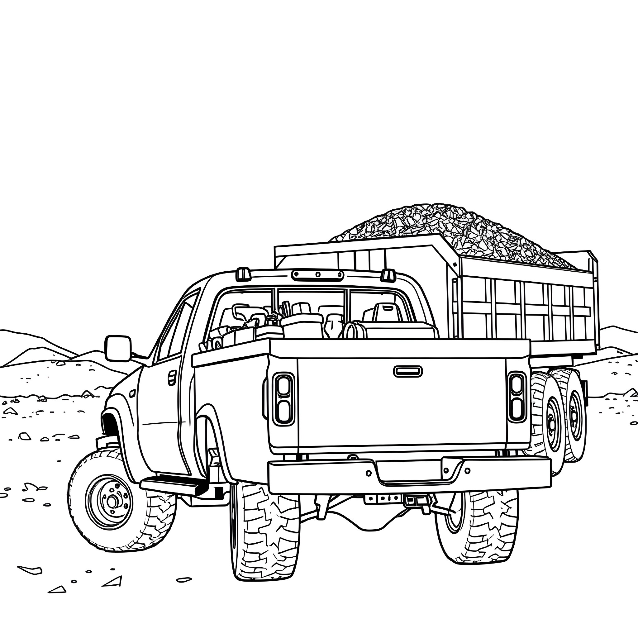 Truck hauling heavy cargo on a rugged terrain Coloring Page (free black-and-white line drawing printable PDF for all, from beginners to advanced learners, including children, teens, adults, and seniors)