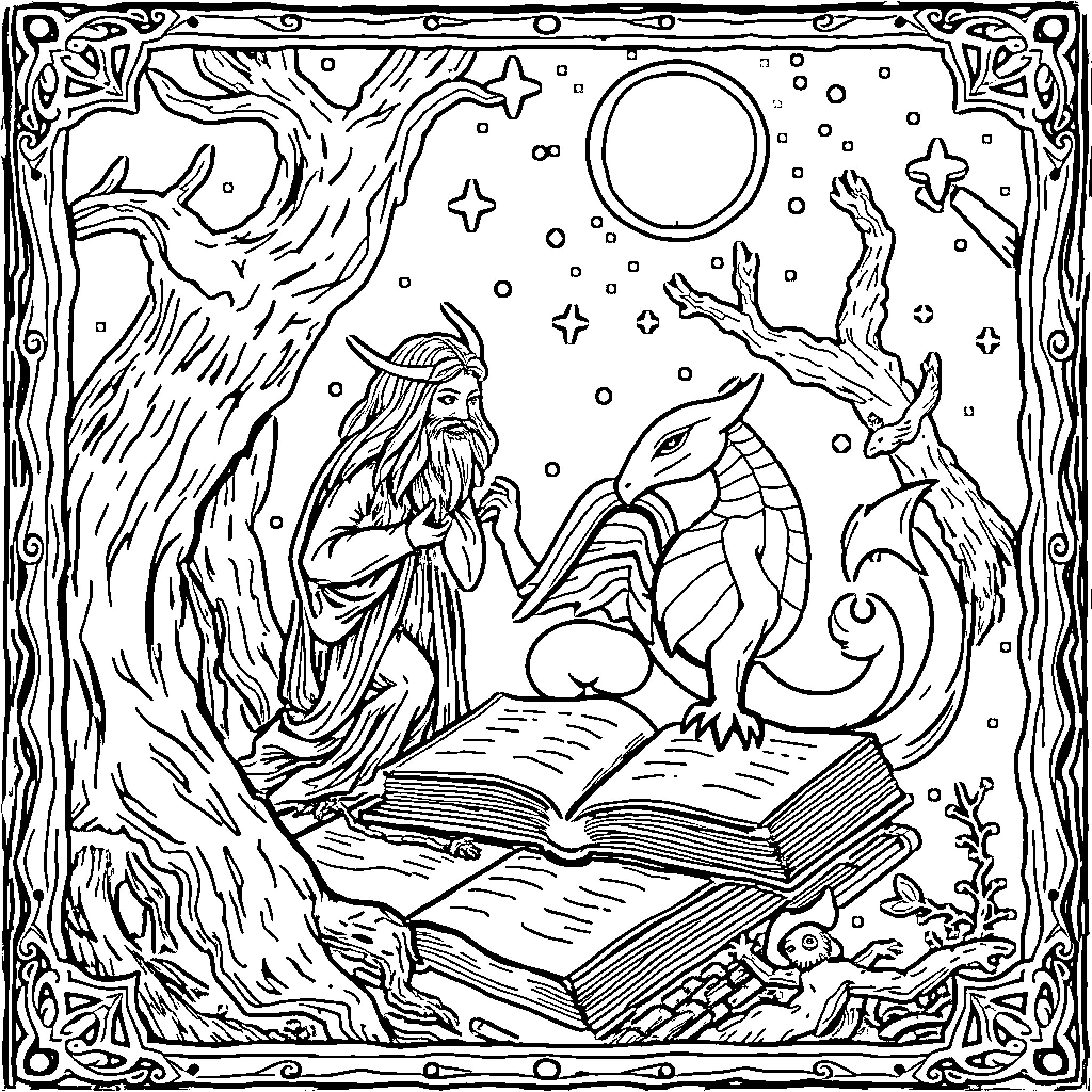 Mabinogion: Mystical Figures Amid Enchanted Surroundings Coloring Page (free black-and-white line drawing printable PDF for all, from beginners to advanced learners, including children, teens, adults, and seniors)