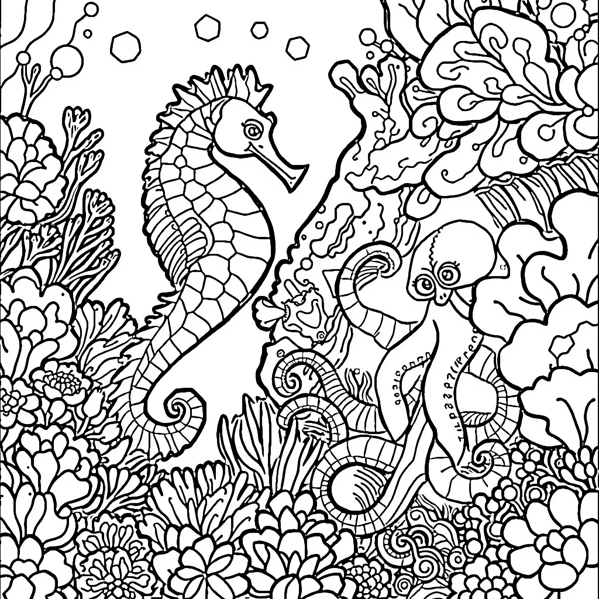 Seahorse swimming amidst intricate underwater flora and fauna Coloring Page (free black-and-white line drawing printable PDF for all, from beginners to advanced learners, including children, teens, adults, and seniors)