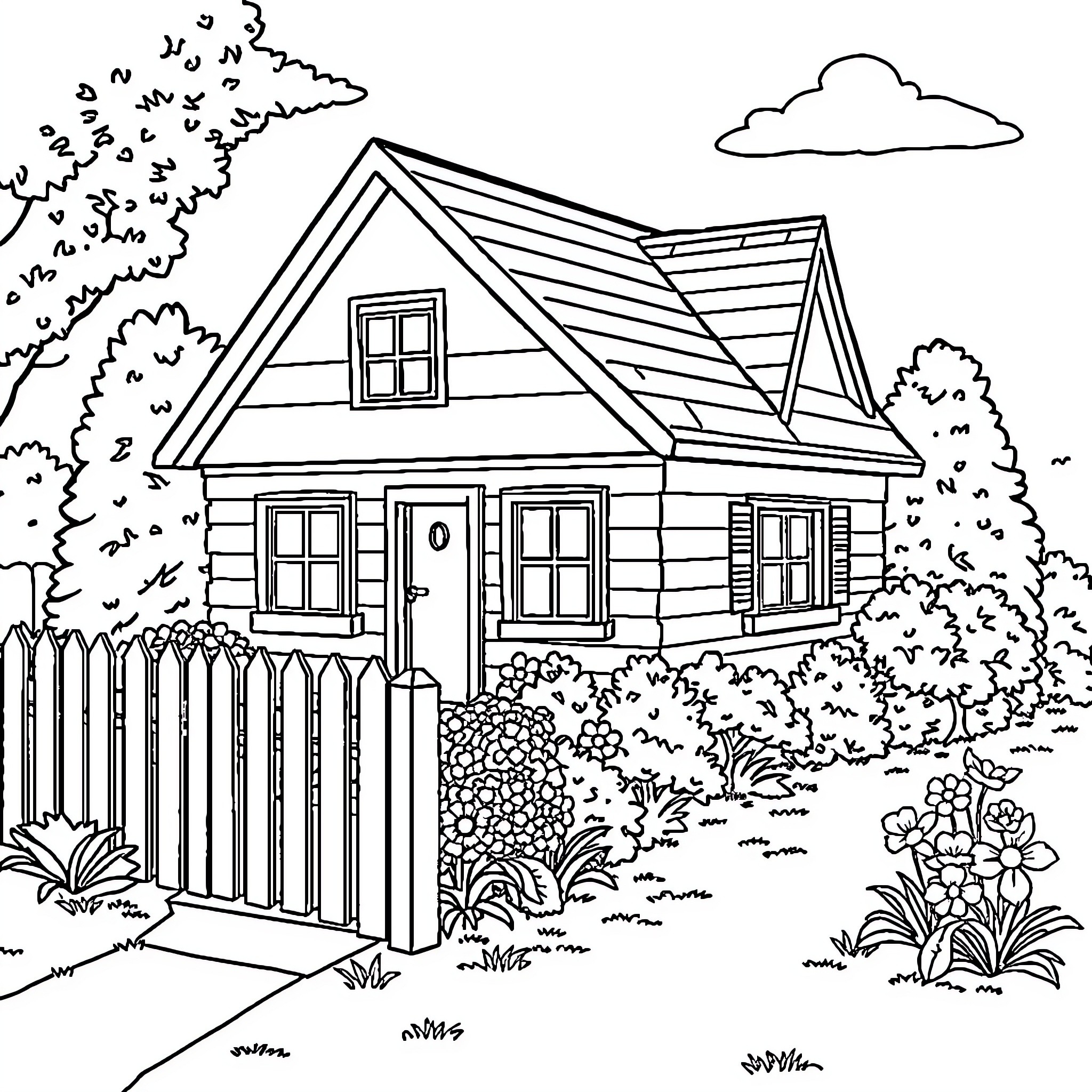House with Charming Cottage-Style Exterior Coloring Page (free black-and-white line drawing printable PDF for all, from beginners to advanced learners, including children, teens, adults, and seniors)