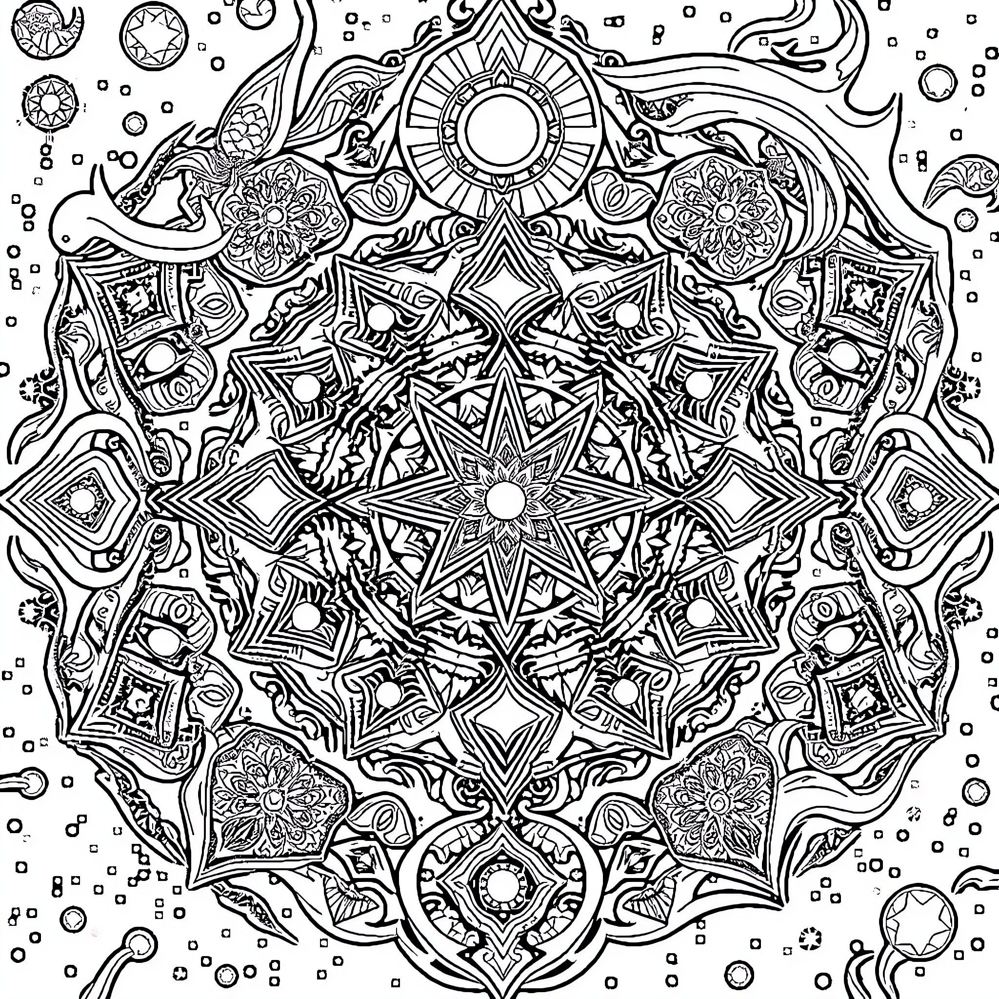 Sefirot of Intricate Cosmic Patterns Coloring Page (free black-and-white line drawing printable PDF for all, from beginners to advanced learners, including children, teens, adults, and seniors)