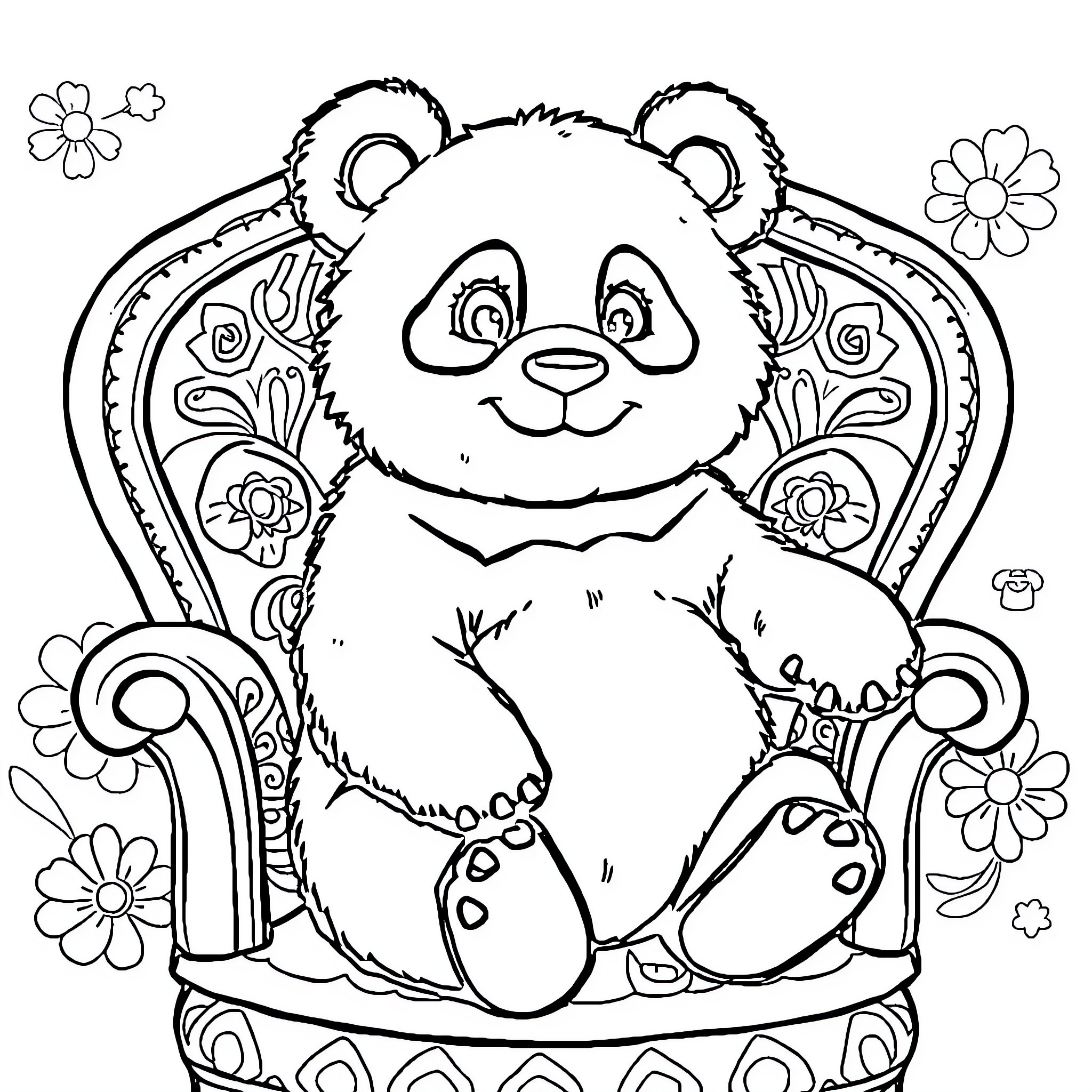 Panda sitting on an ornate chair Coloring Page (free black-and-white line drawing printable PDF for all, from beginners to advanced learners, including children, teens, adults, and seniors)