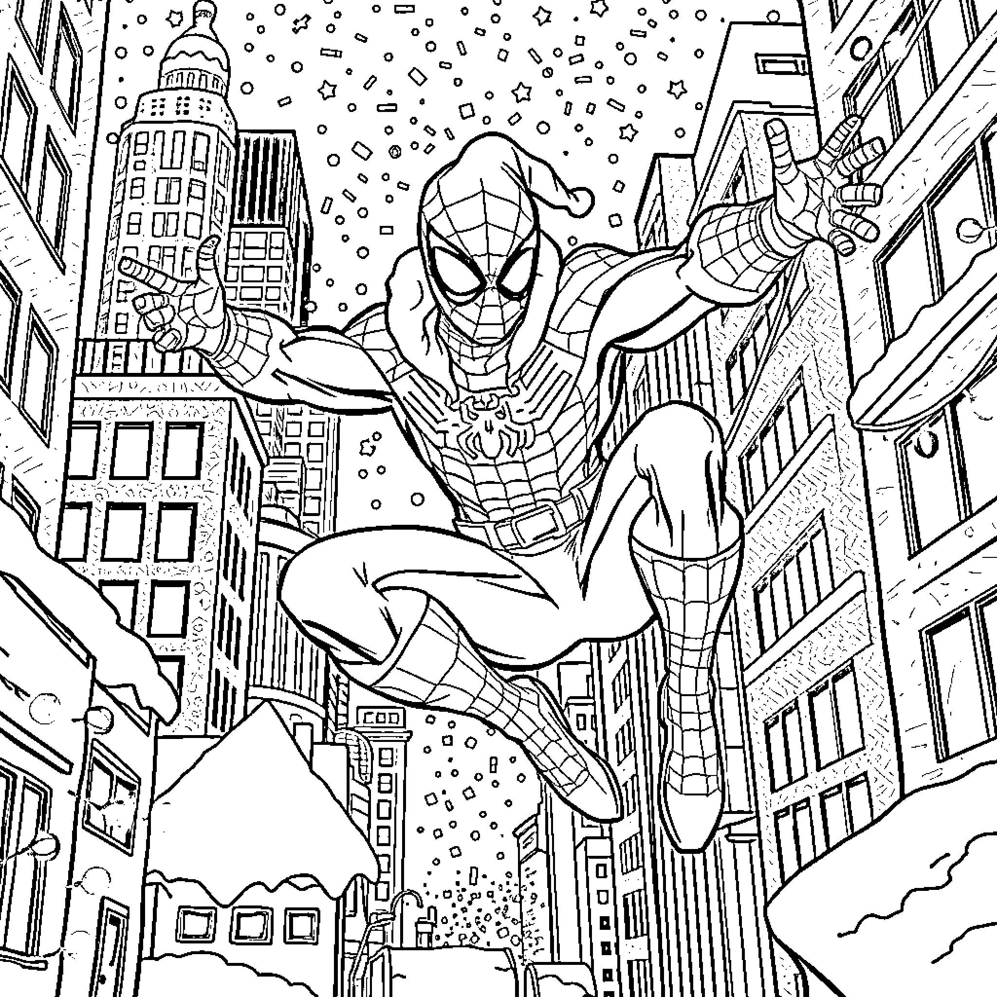 Spiderman swinging through the snowy city Coloring Page (free black-and-white line drawing printable PDF for all, from beginners to advanced learners, including children, teens, adults, and seniors)