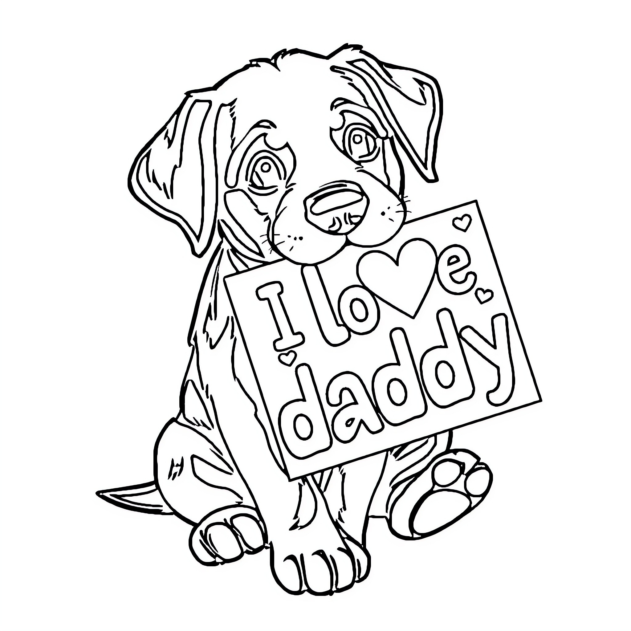 Lab Puppy Holding 'I Love Daddy' Sign Coloring Page (free black-and-white line drawing printable PDF for all, from beginners to advanced learners, including children, teens, adults, and seniors)