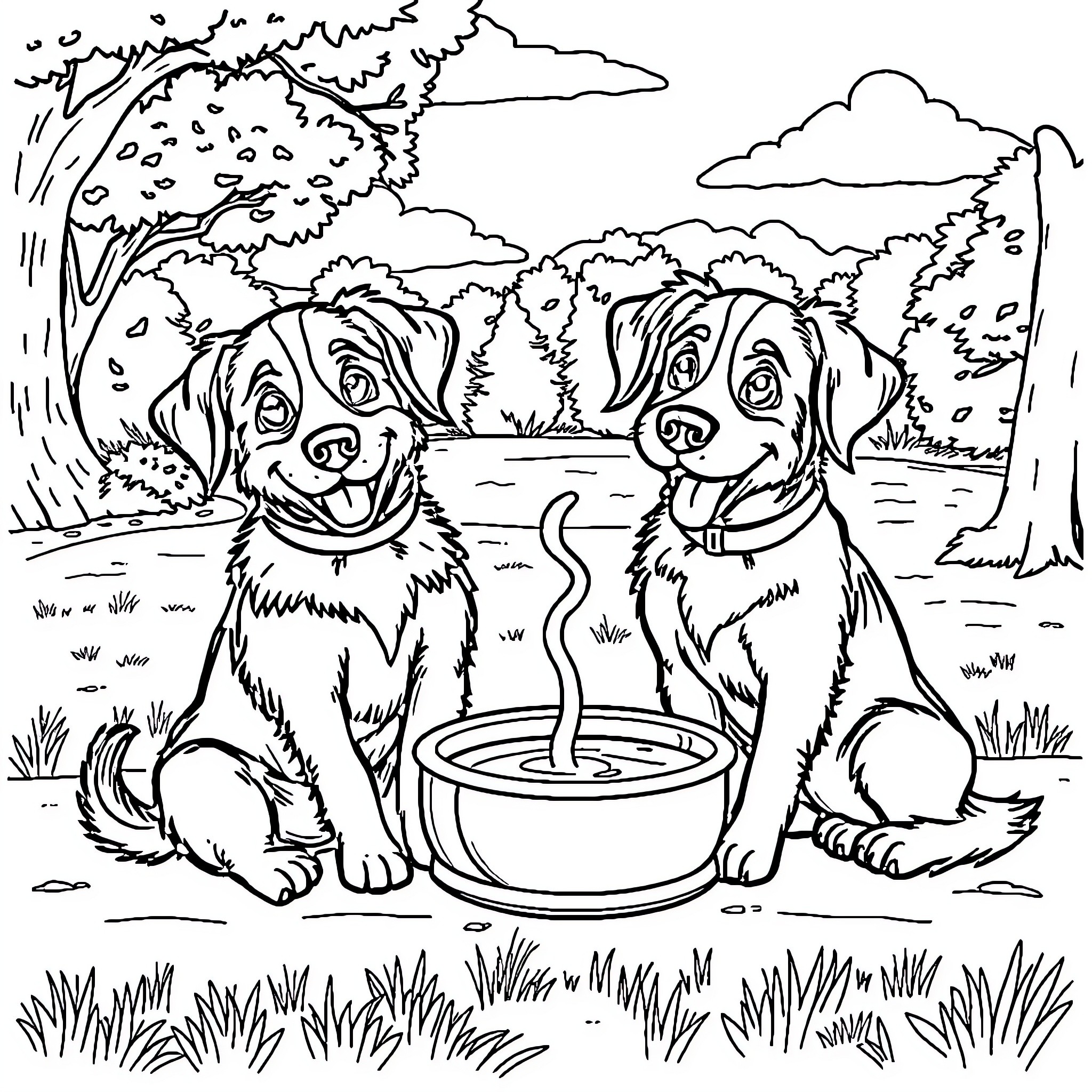 Dog Friends Playing with Water Bowl in the Park Coloring Page (free black-and-white line drawing printable PDF for all, from beginners to advanced learners, including children, teens, adults, and seniors)