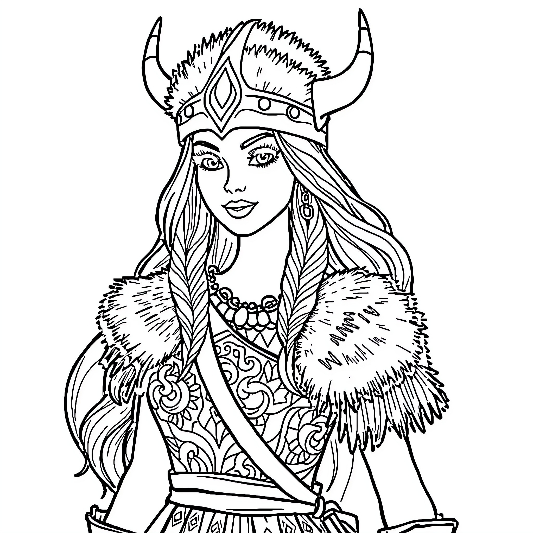 Viking Barbie in Ornate Attire with Horned Helmet Coloring Page (free black-and-white line drawing printable PDF for all, from beginners to advanced learners, including children, teens, adults, and seniors)