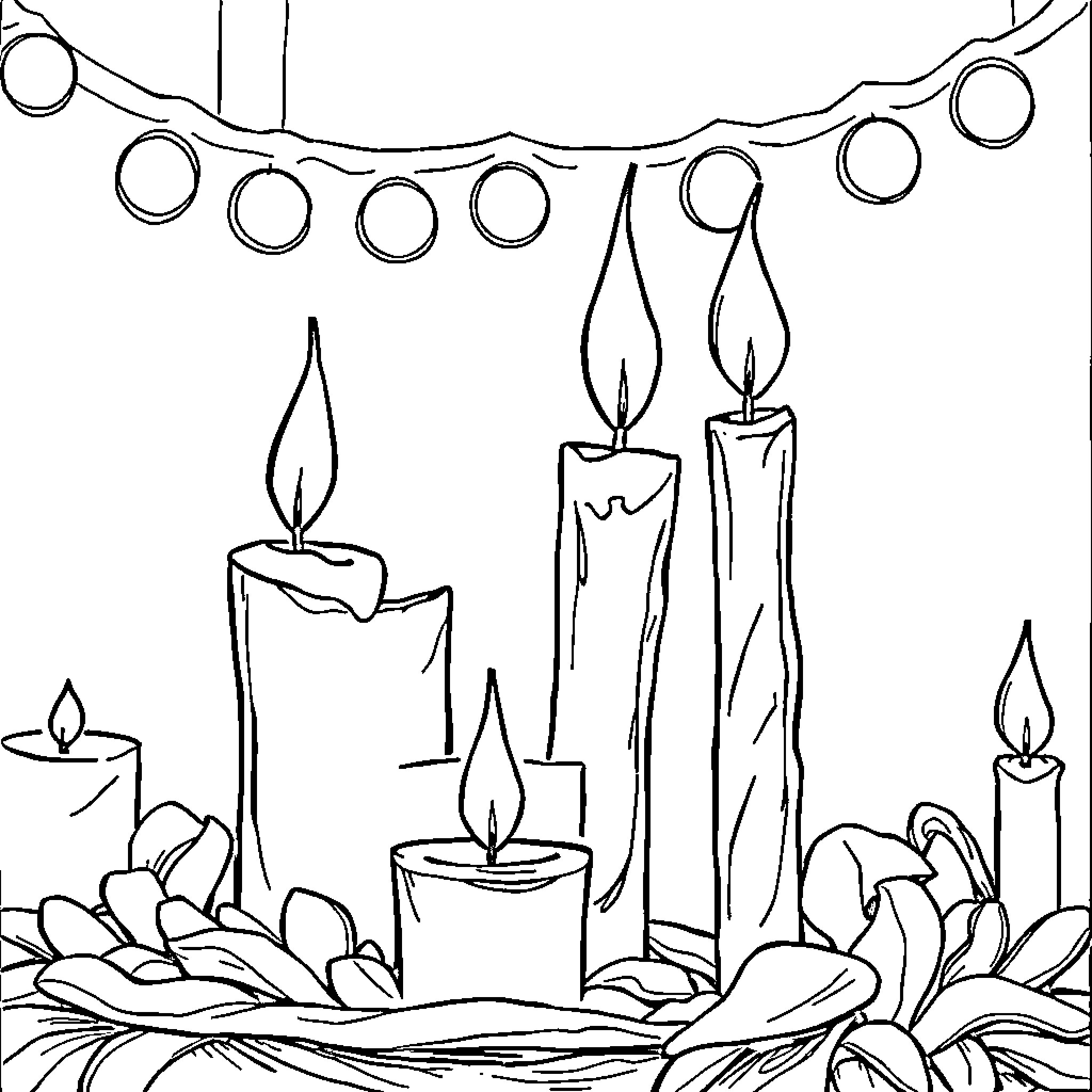 Candle-lit scene with glowing flames and festive decor Coloring Page (free black-and-white line drawing printable PDF for all, from beginners to advanced learners, including children, teens, adults, and seniors)