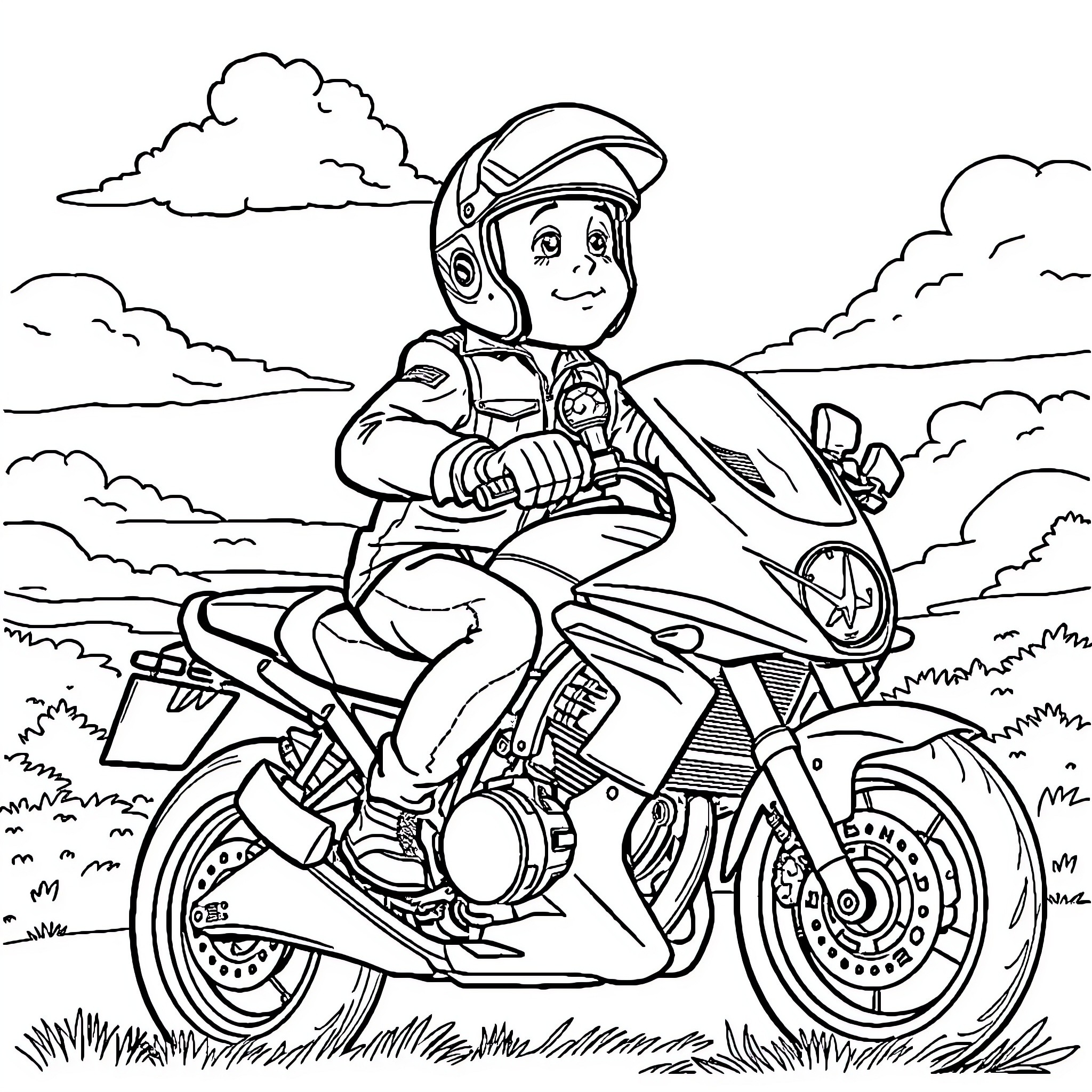 Kenny riding his motorcycle on the countryside Coloring Page (free black-and-white line drawing printable PDF for all, from beginners to advanced learners, including children, teens, adults, and seniors)