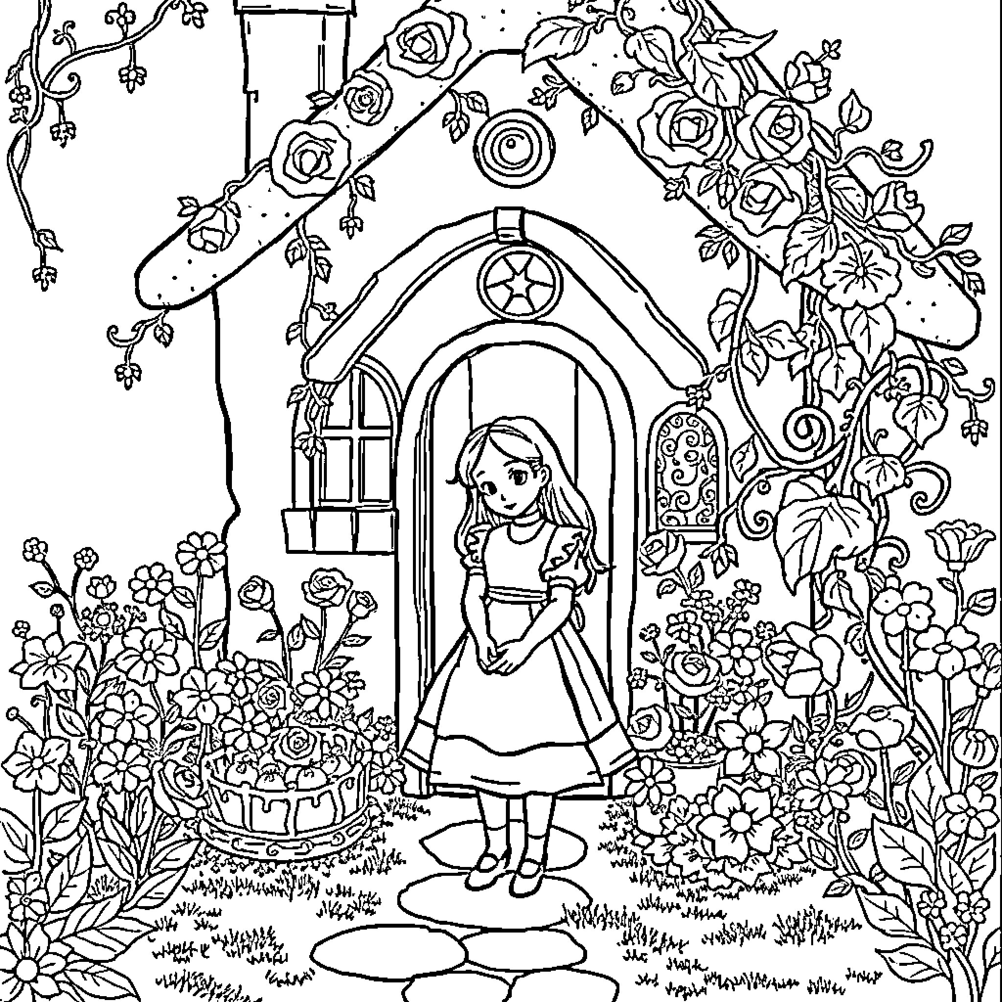 Alice in the enchanted garden Coloring Page (free black-and-white line drawing printable PDF for all, from beginners to advanced learners, including children, teens, adults, and seniors)
