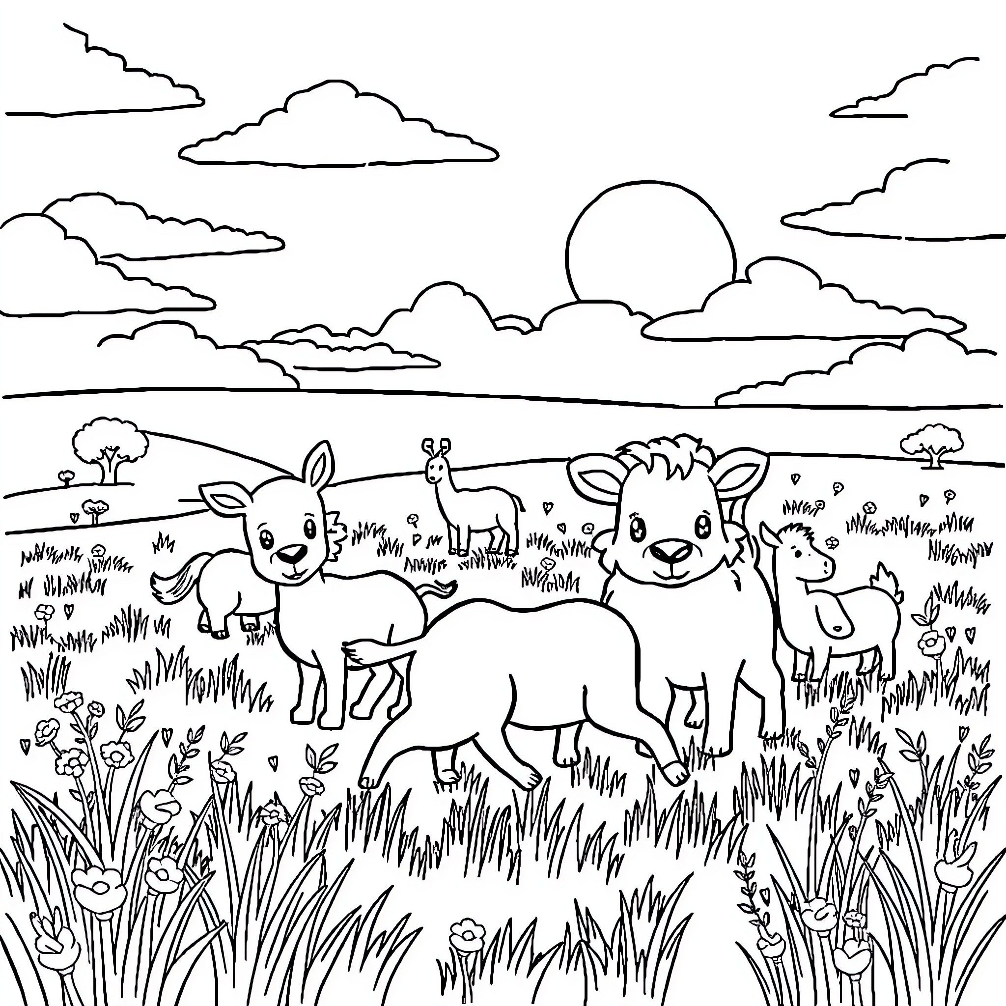 Animal friends in the grassy meadow Coloring Page (free black-and-white line drawing printable PDF for all, from beginners to advanced learners, including children, teens, adults, and seniors)