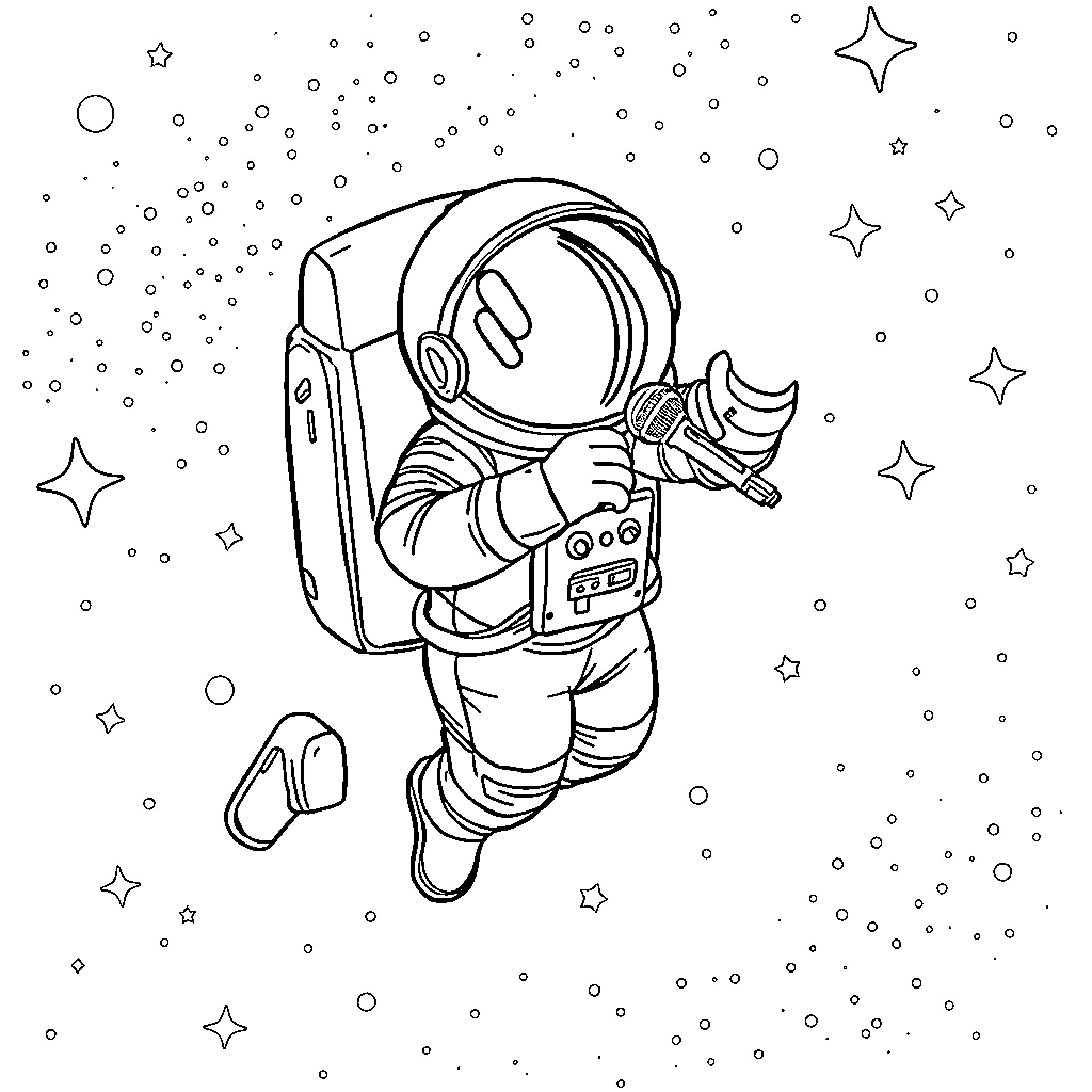 Astronaut exploring the vast cosmos Coloring Page (free black-and-white line drawing printable PDF for all, from beginners to advanced learners, including children, teens, adults, and seniors)