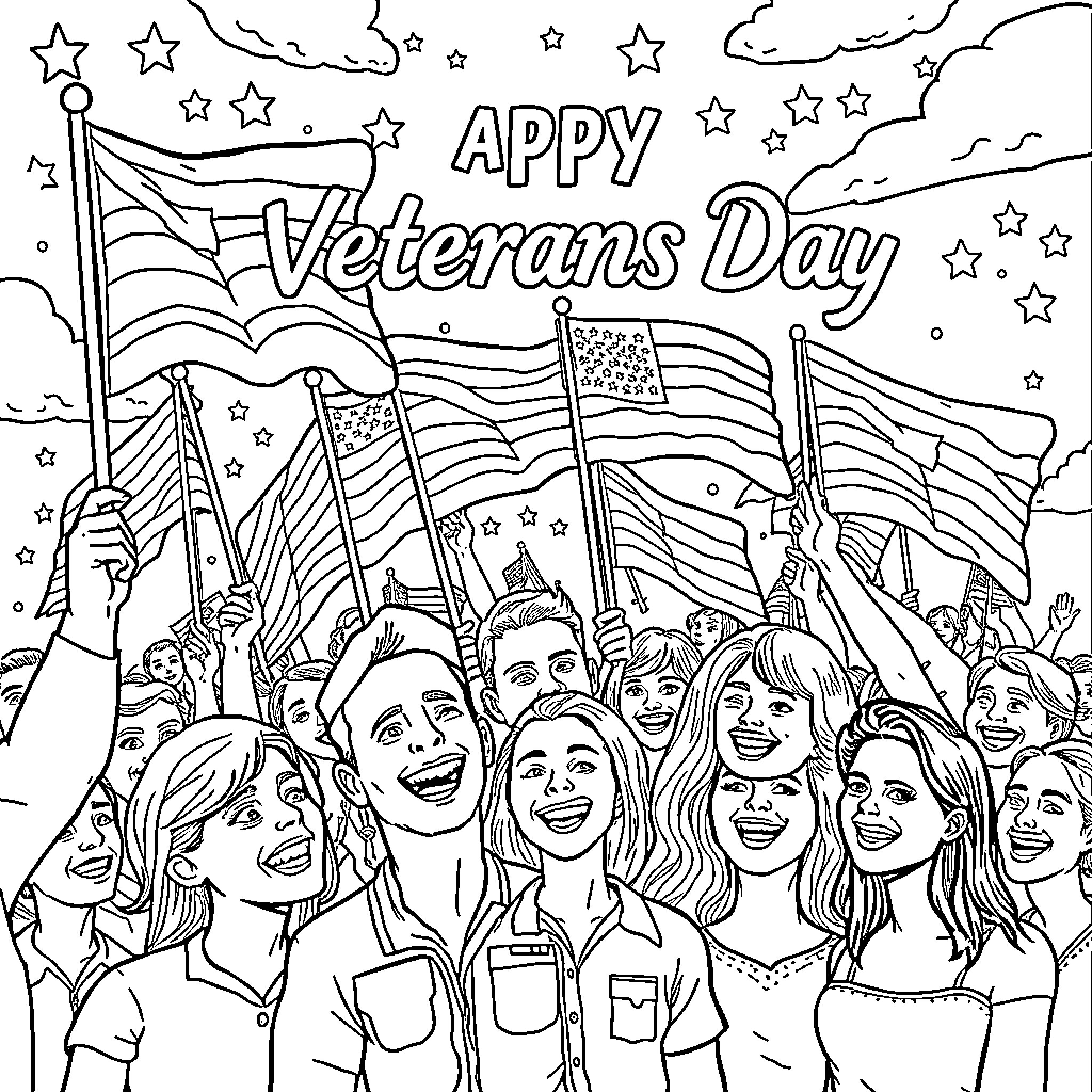 Veterans Day Celebration with Waving Flags and Cheering Crowd Coloring Page (free black-and-white line drawing printable PDF for all, from beginners to advanced learners, including children, teens, adults, and seniors)