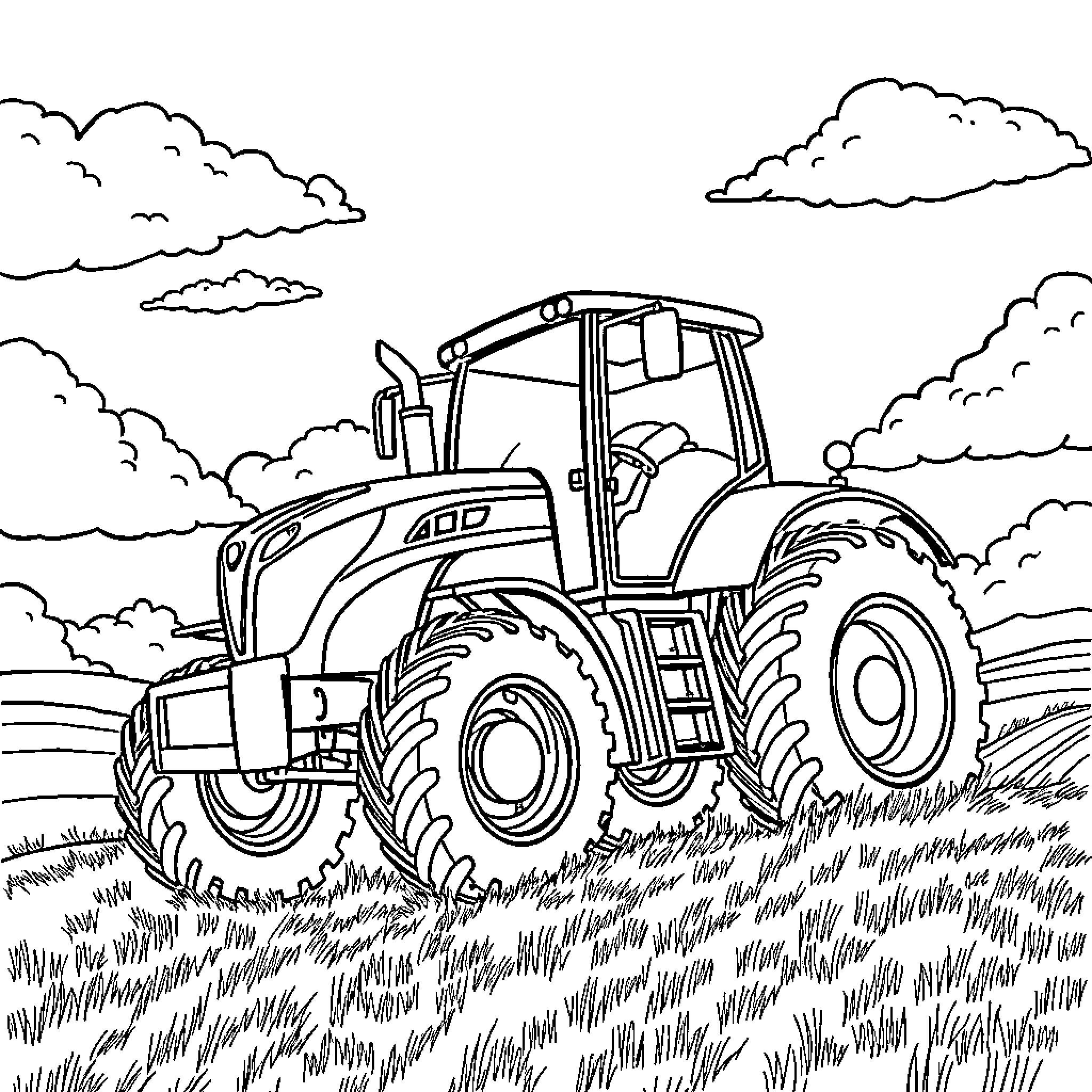 Flying Tractor plowing through grassy field Coloring Page (free black-and-white line drawing printable PDF for all, from beginners to advanced learners, including children, teens, adults, and seniors)
