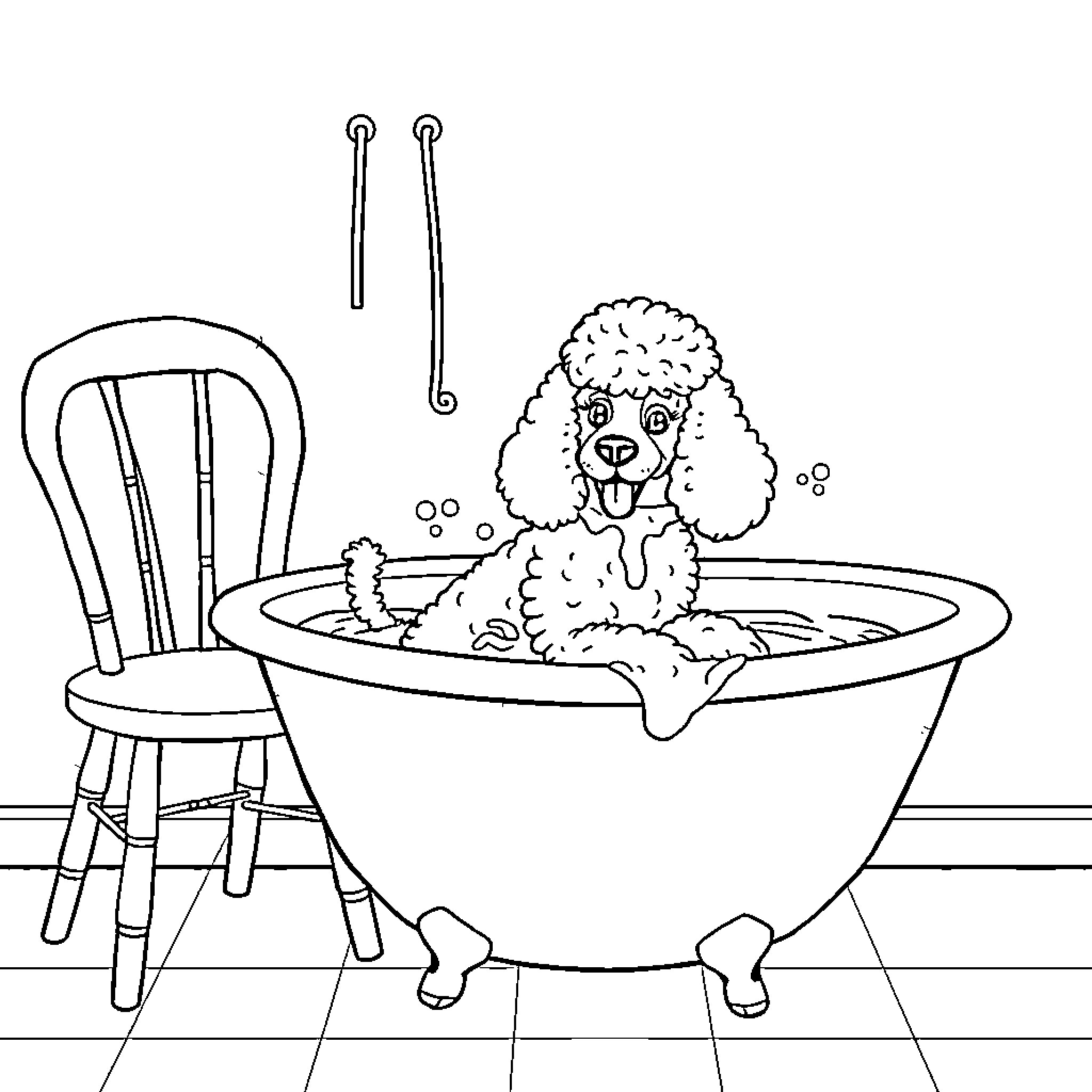 Chair by the bathtub with a playful poodle Coloring Page (free black-and-white line drawing printable PDF for all, from beginners to advanced learners, including children, teens, adults, and seniors)