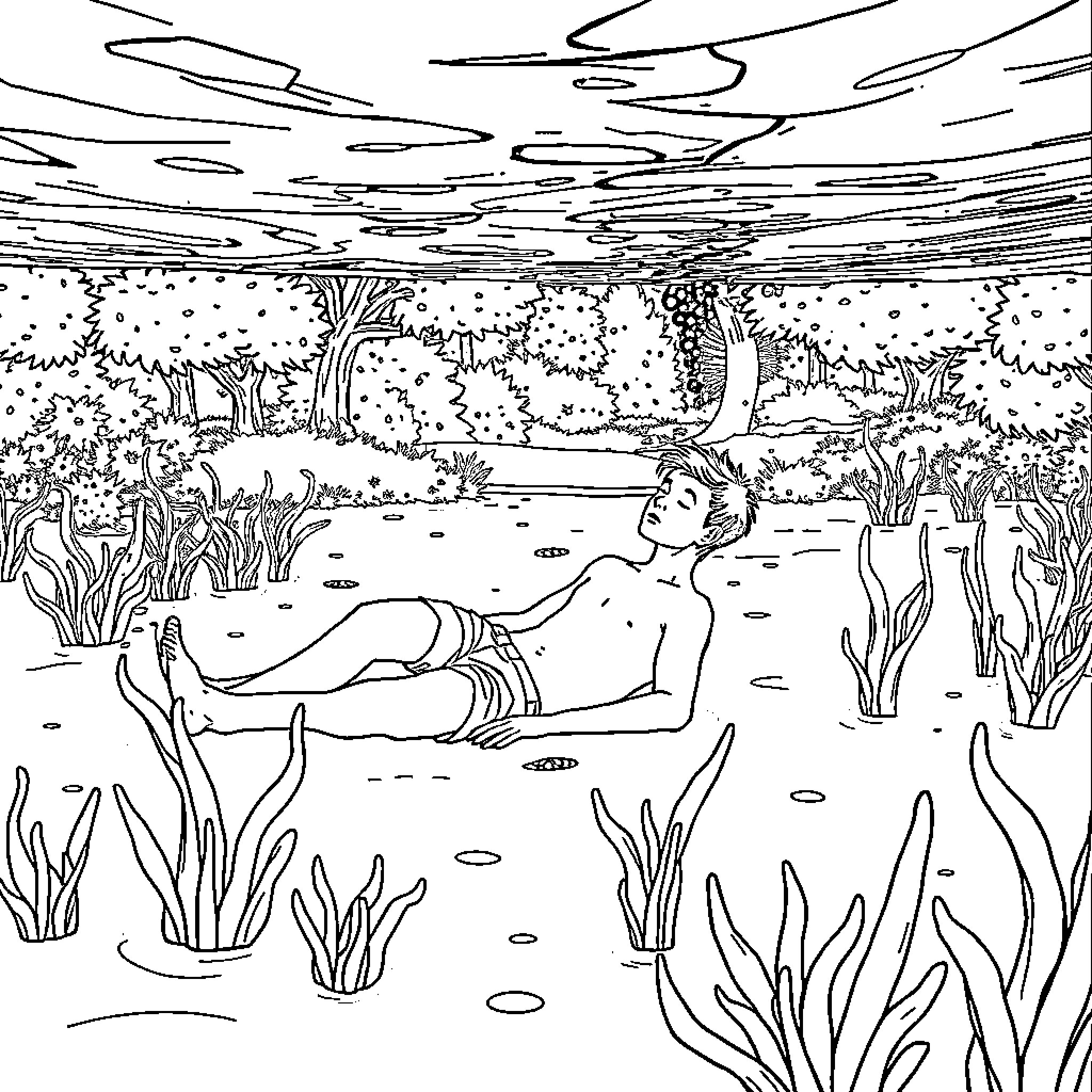 Young Man Relaxing in Serene Nature Landscape Coloring Page (free black-and-white line drawing printable PDF for all, from beginners to advanced learners, including children, teens, adults, and seniors)