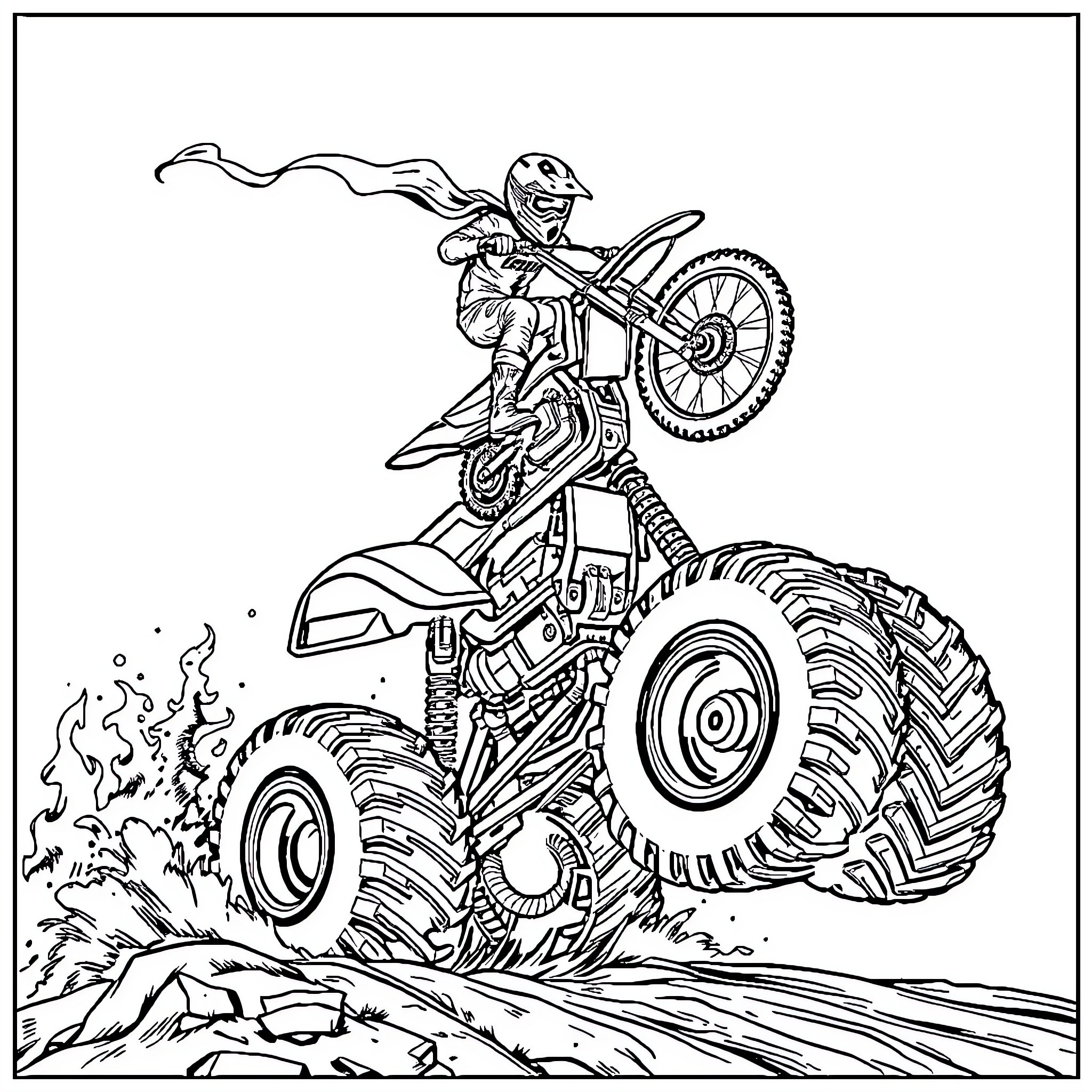 Dirtbike rider performing stunts in the wilderness Coloring Page (free black-and-white line drawing printable PDF for all, from beginners to advanced learners, including children, teens, adults, and seniors)