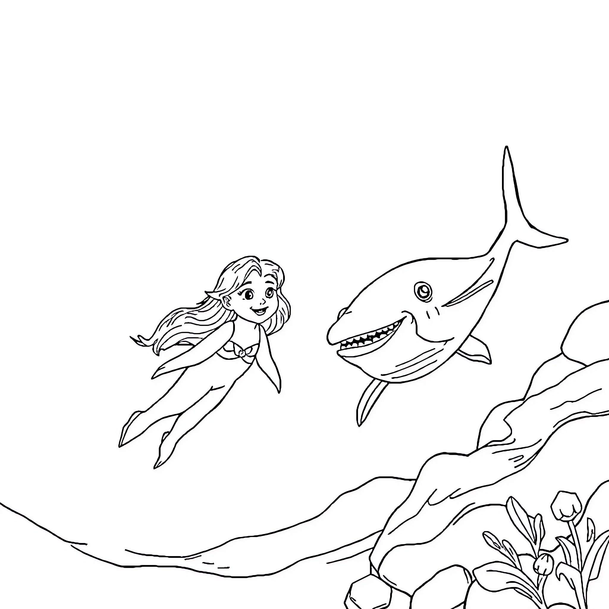 Zelda's Underwater Adventure with a Friendly Shark Coloring Page (free black-and-white line drawing printable PDF for all, from beginners to advanced learners, including children, teens, adults, and seniors)