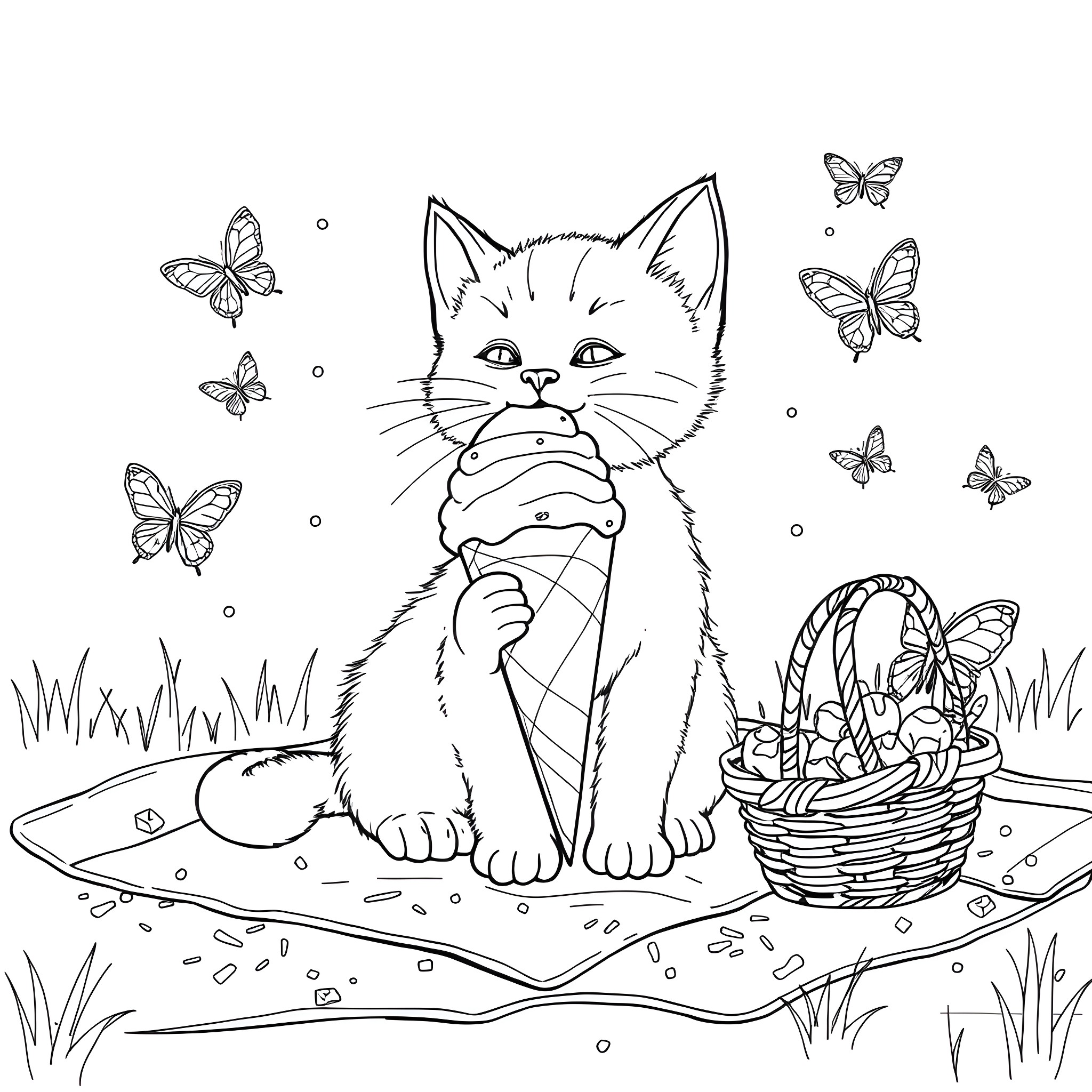 Kitten with butterflies and basket Coloring Page (free black-and-white line drawing printable PDF for all, from beginners to advanced learners, including children, teens, adults, and seniors)