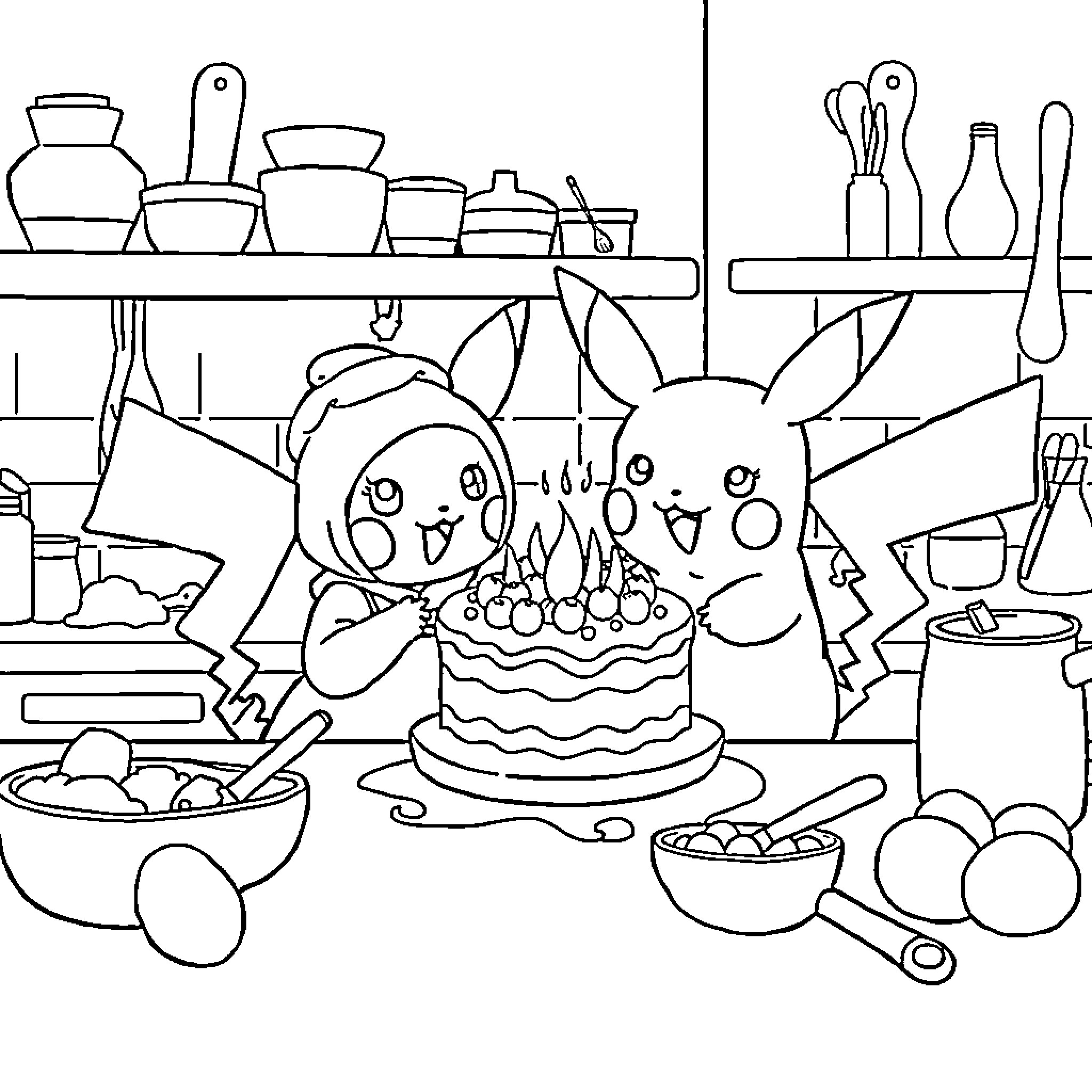 Evee Celebrate Birthday with Cake and Friends Coloring Page (free black-and-white line drawing printable PDF for all, from beginners to advanced learners, including children, teens, adults, and seniors)