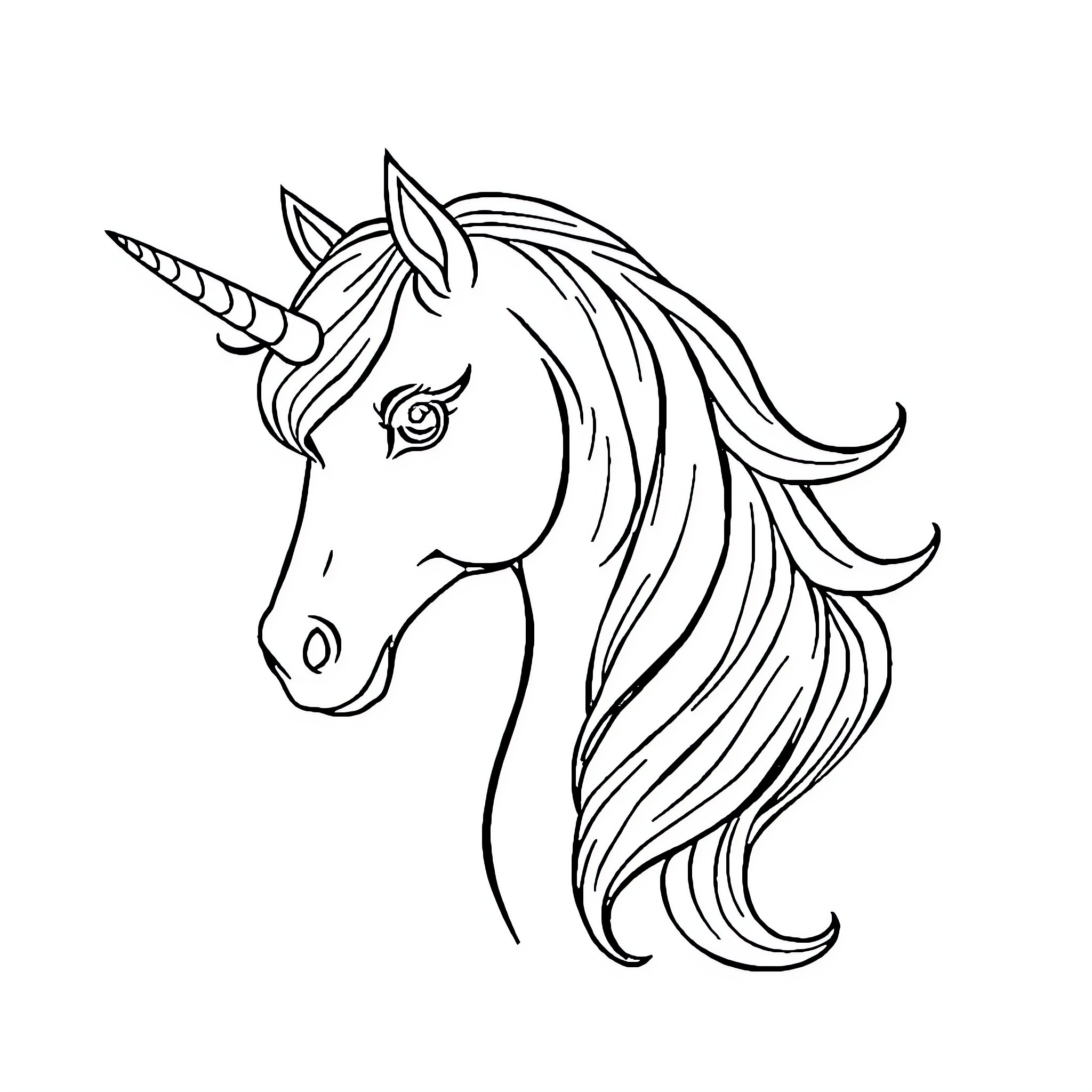 Unicorn with flowing mane and horn Coloring Page (free black-and-white line drawing printable PDF for all, from beginners to advanced learners, including children, teens, adults, and seniors)