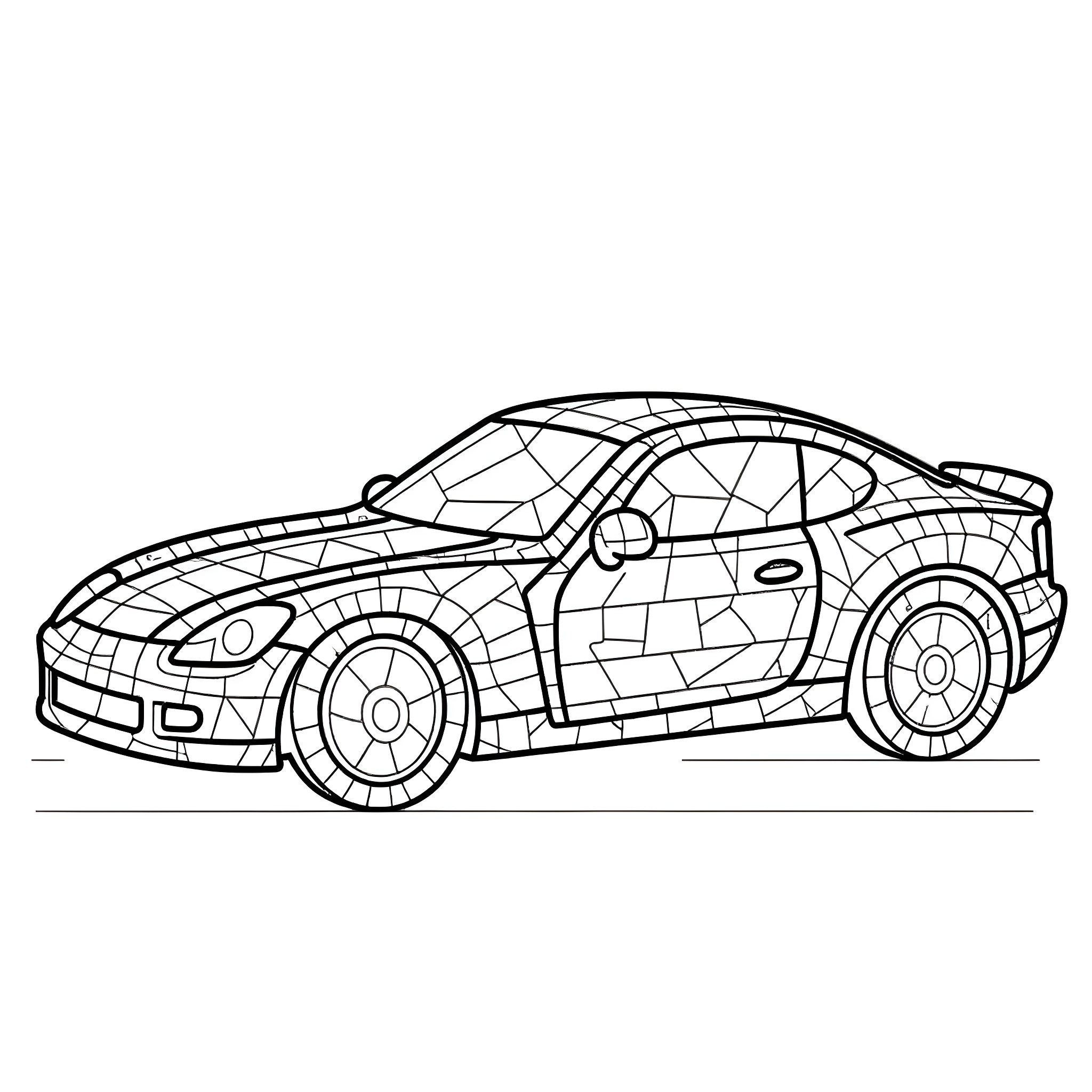 Car with Geometric Design Coloring Page (free black-and-white line drawing printable PDF for all, from beginners to advanced learners, including children, teens, adults, and seniors)