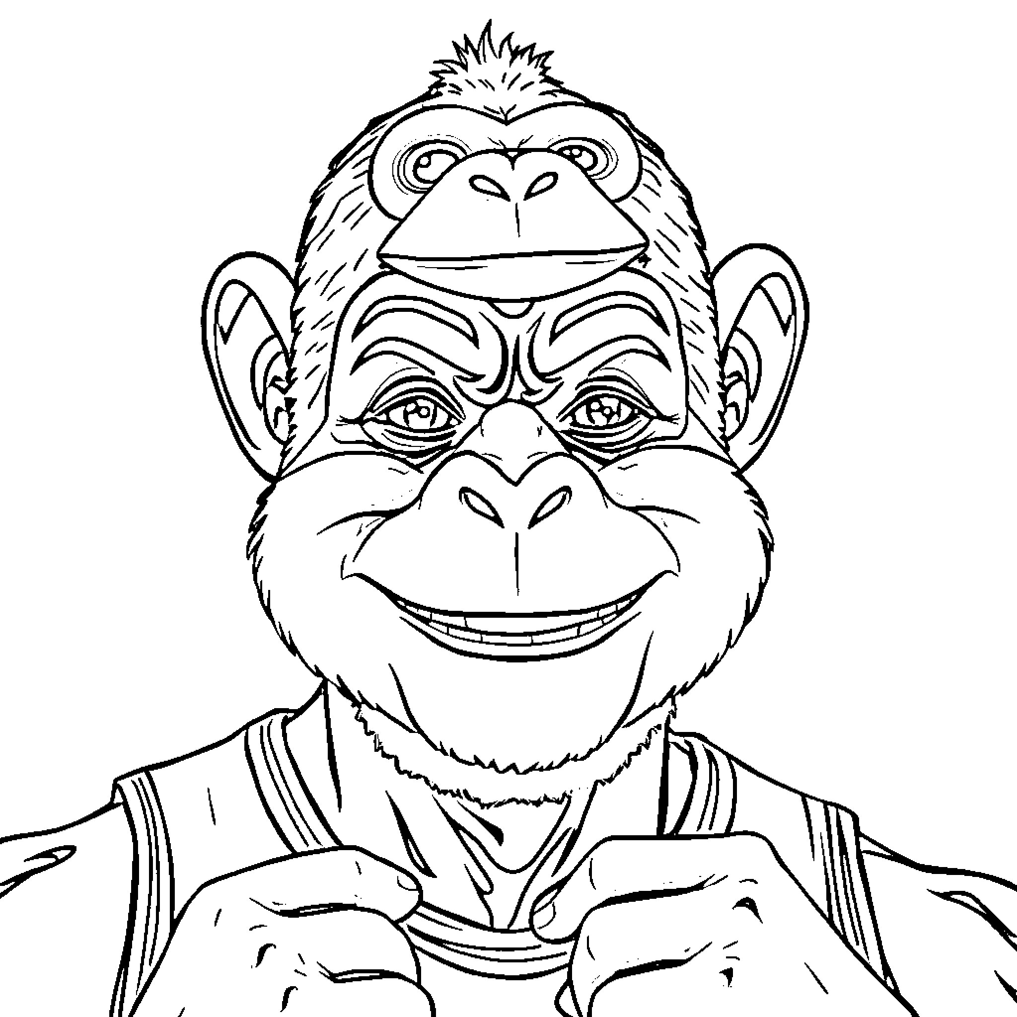 LeBron James as Smiling Cartoon Chimpanzee Coloring Page (free black-and-white line drawing printable PDF for all, from beginners to advanced learners, including children, teens, adults, and seniors)