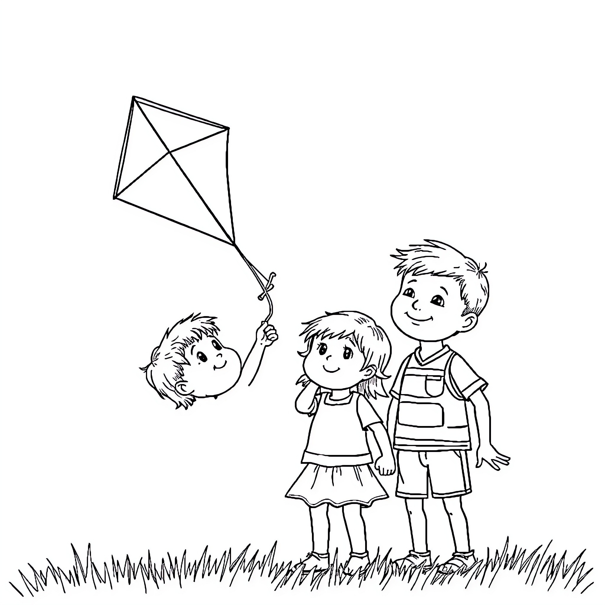 Child Flying Kite with Friends in the Park Coloring Page (free black-and-white line drawing printable PDF for all, from beginners to advanced learners, including children, teens, adults, and seniors)