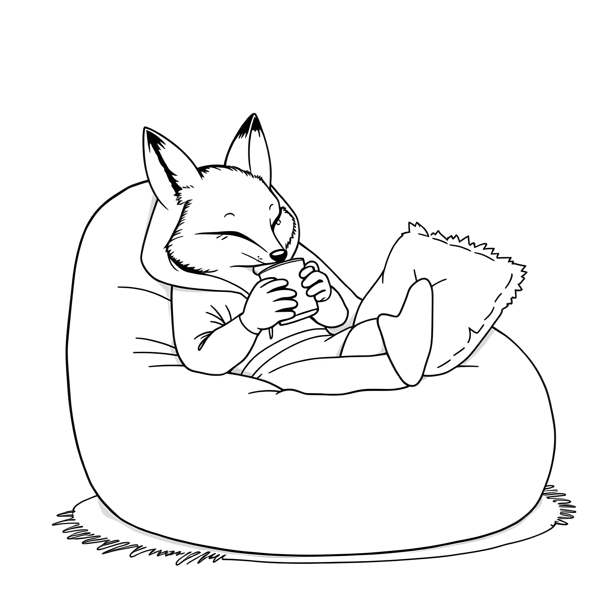 Fox relaxing comfortably in cozy armchair Coloring Page (free black-and-white line drawing printable PDF for all, from beginners to advanced learners, including children, teens, adults, and seniors)