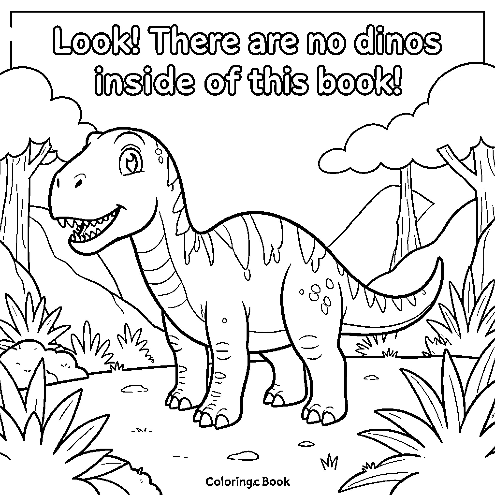 Dinosaur in a coloring book landscape Coloring Page (free black-and-white line drawing printable PDF for all, from beginners to advanced learners, including children, teens, adults, and seniors)