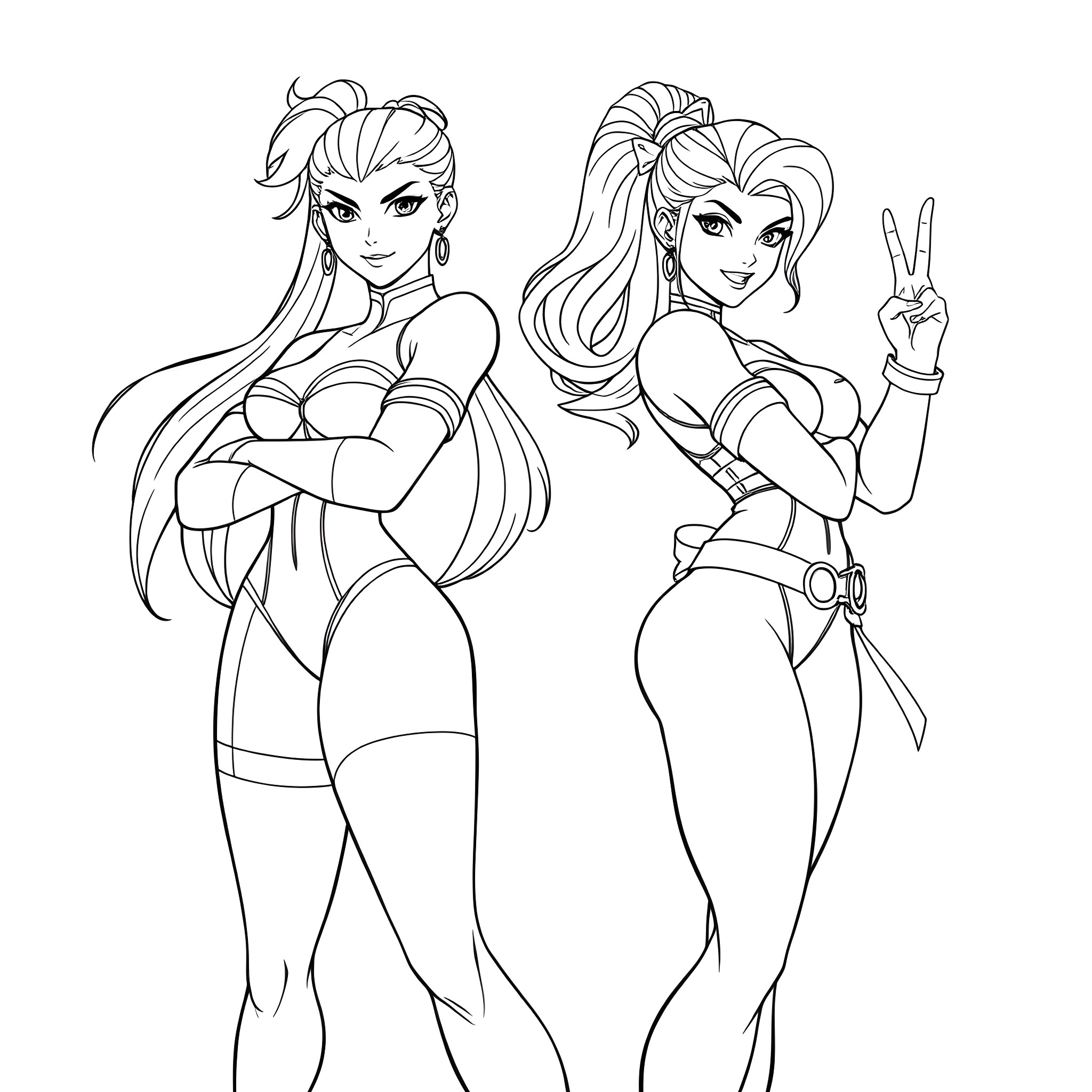 Chun Li and her friend in action poses Coloring Page (free black-and-white line drawing printable PDF for all, from beginners to advanced learners, including children, teens, adults, and seniors)