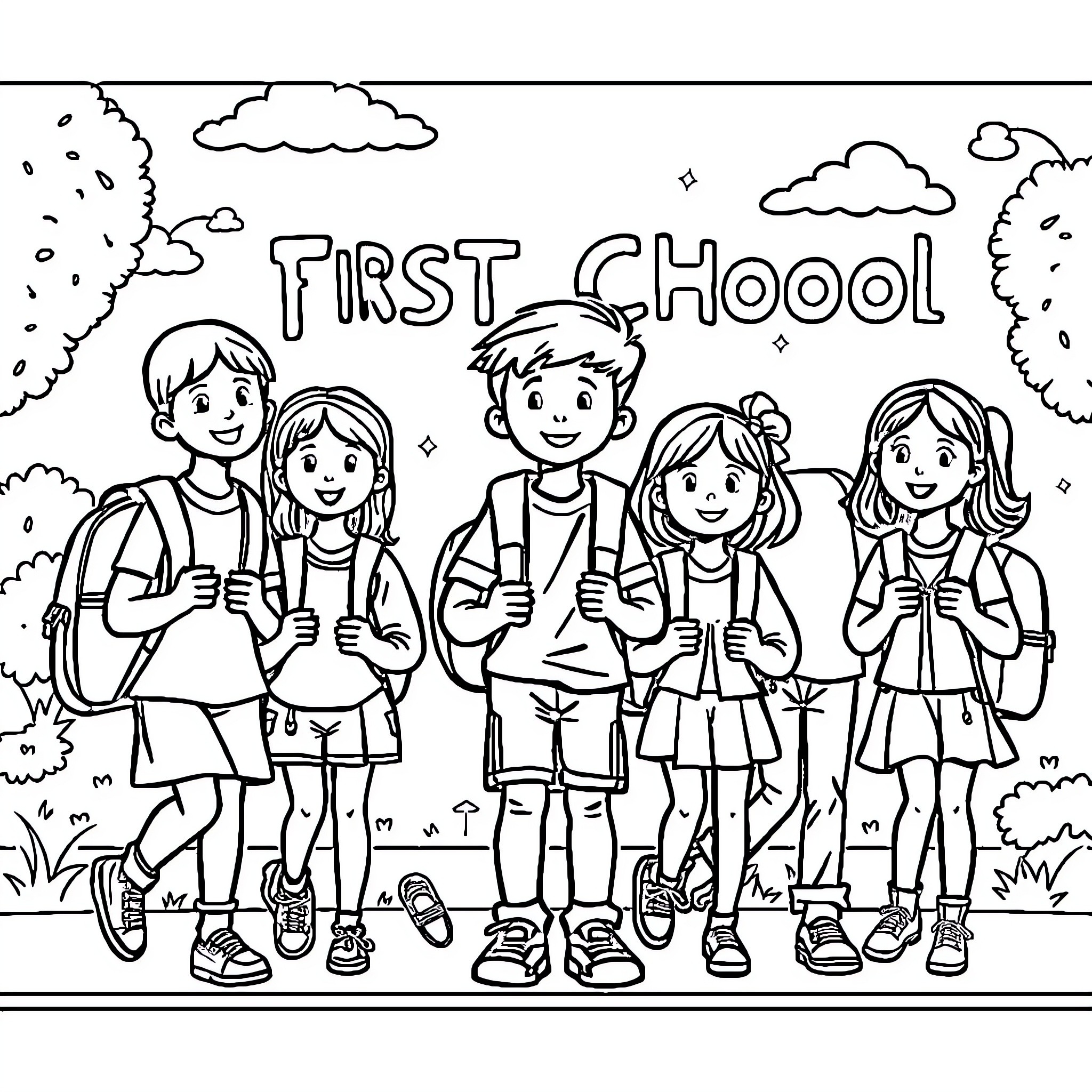 Back to School: Students excited for first day Coloring Page (free black-and-white line drawing printable PDF for all, from beginners to advanced learners, including children, teens, adults, and seniors)
