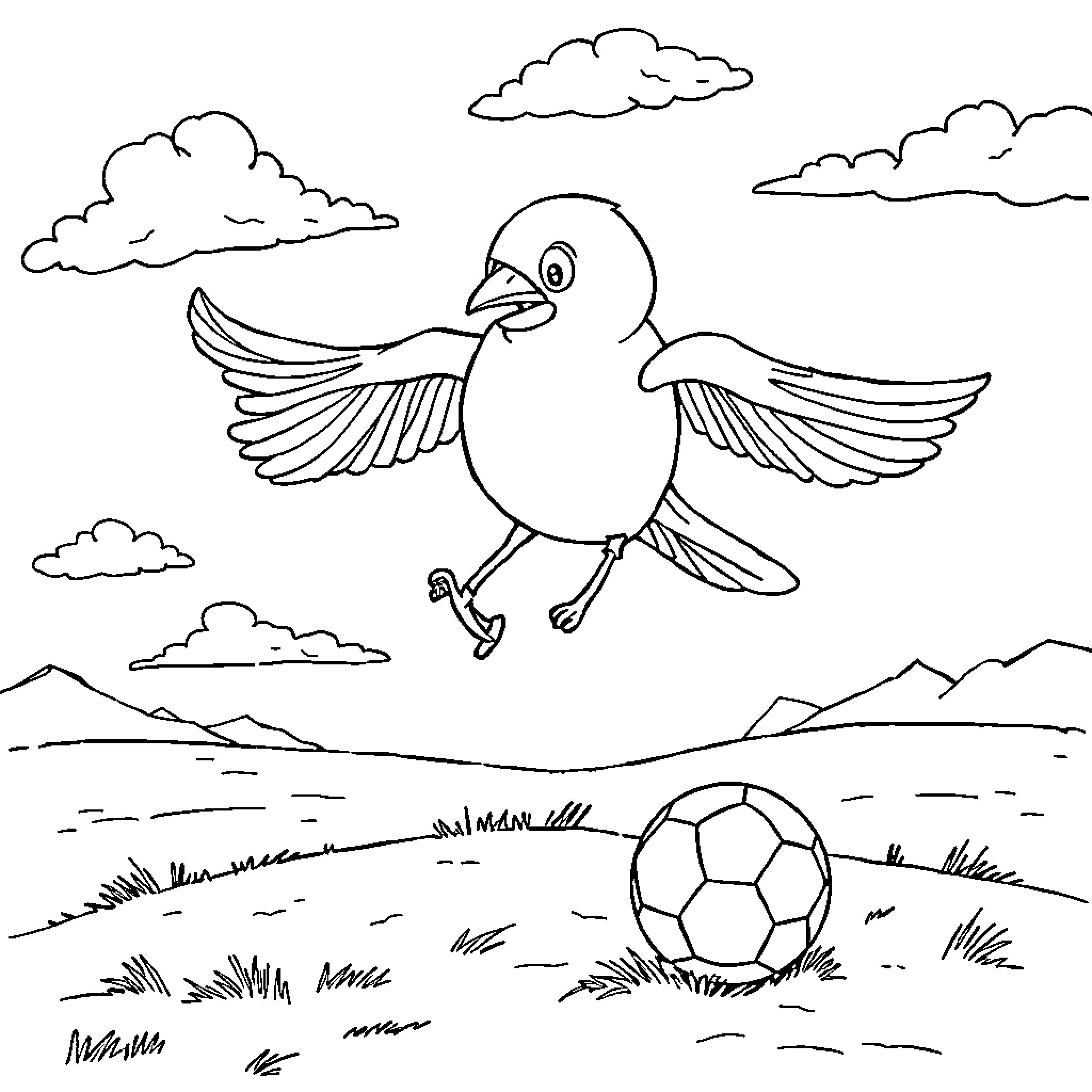 Avión volando sobre el campo con balón de fútbol Coloring Page (free black-and-white line drawing printable PDF for all, from beginners to advanced learners, including children, teens, adults, and seniors)
