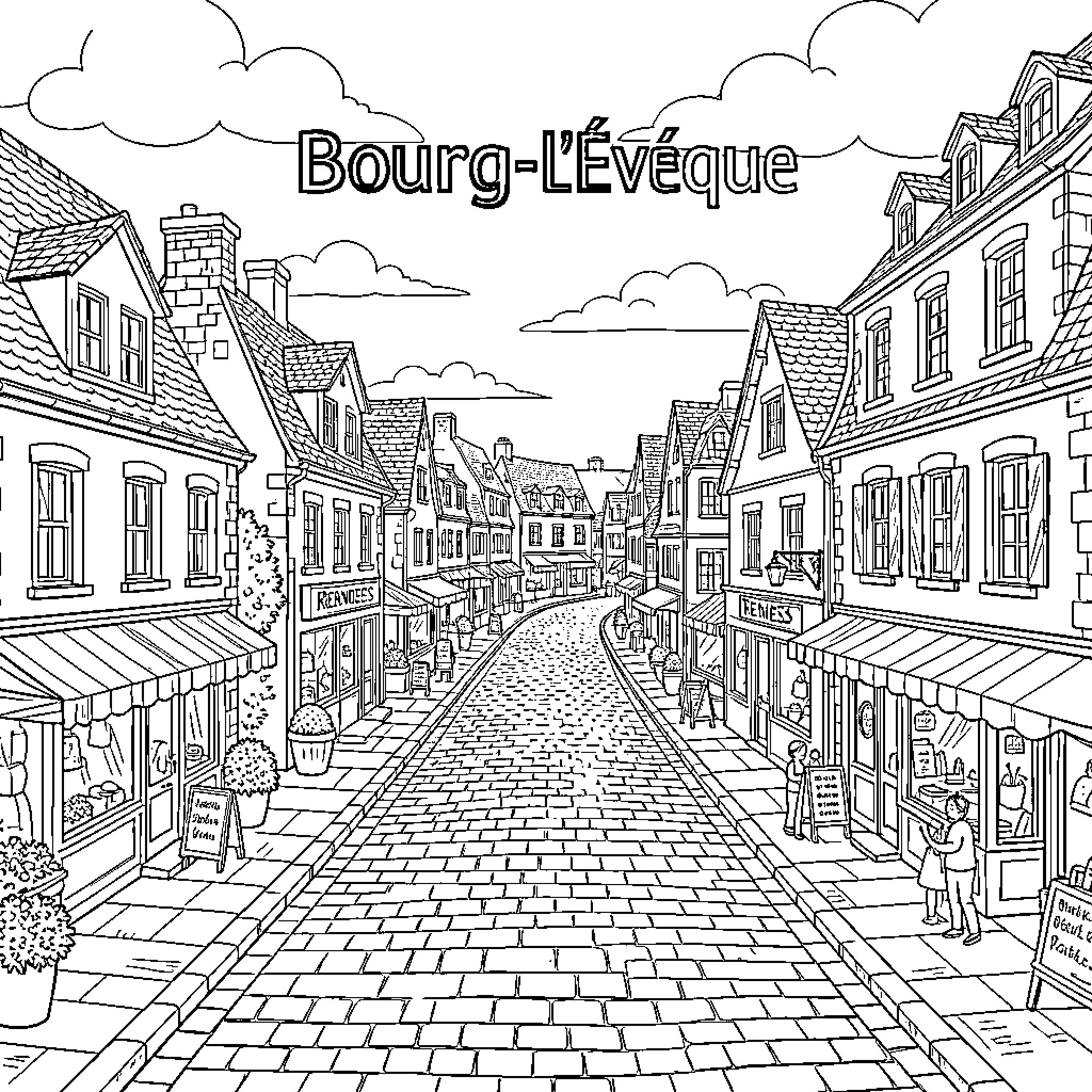Quartier walking through a charming cobblestone street scene Coloring Page (free black-and-white line drawing printable PDF for all, from beginners to advanced learners, including children, teens, adults, and seniors)