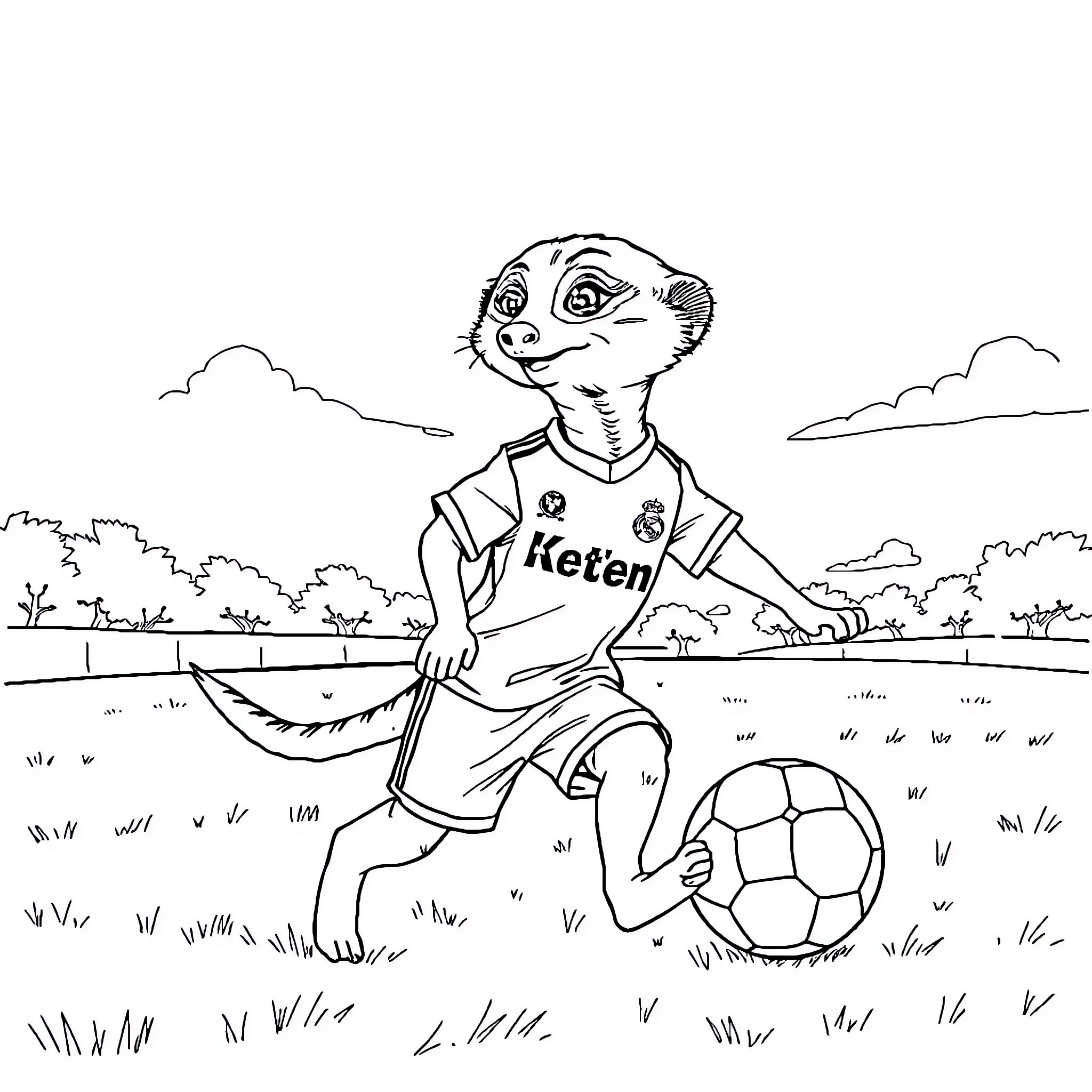 Meerkat playing soccer on the field Coloring Page (free black-and-white line drawing printable PDF for all, from beginners to advanced learners, including children, teens, adults, and seniors)