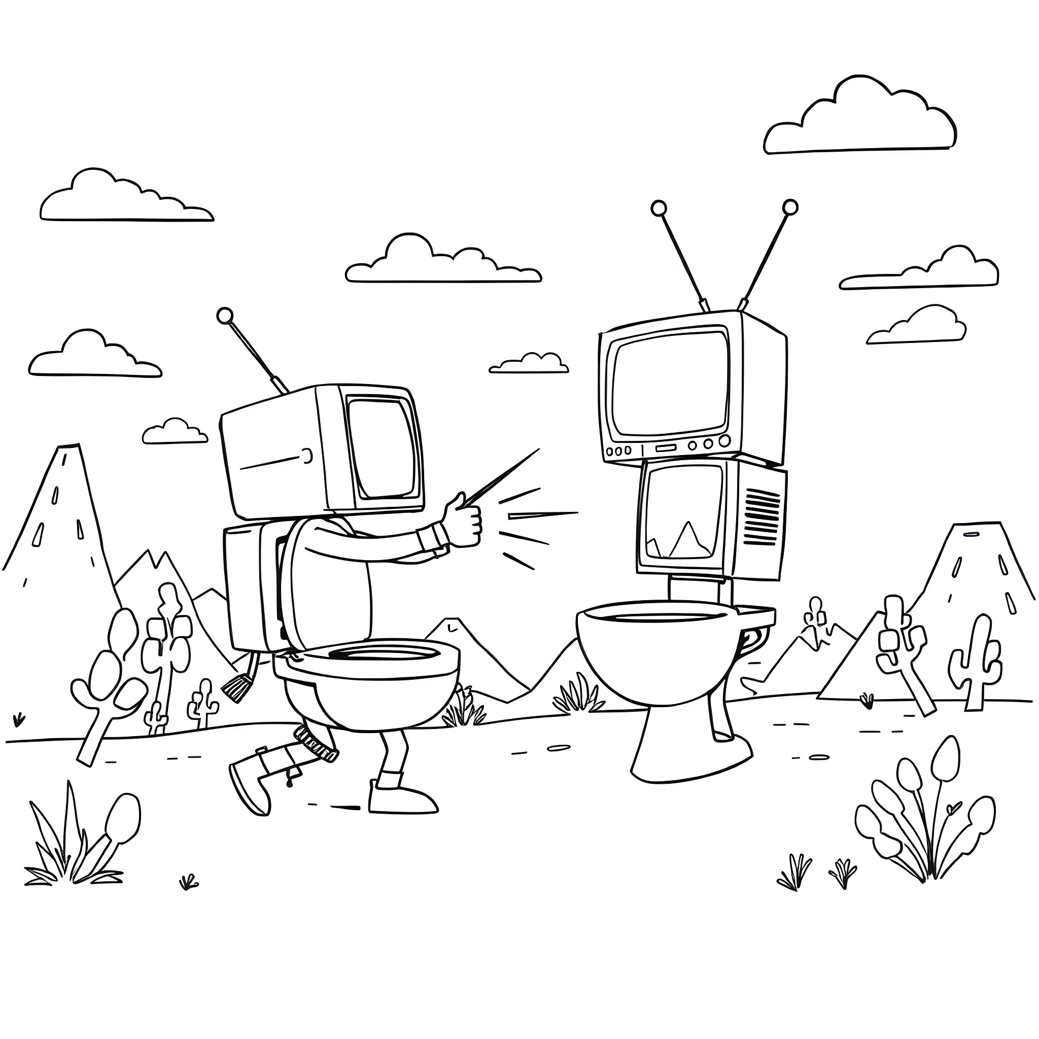 Tv Man Goes to the Restroom in Nature Coloring Page (free black-and-white line drawing printable PDF for all, from beginners to advanced learners, including children, teens, adults, and seniors)
