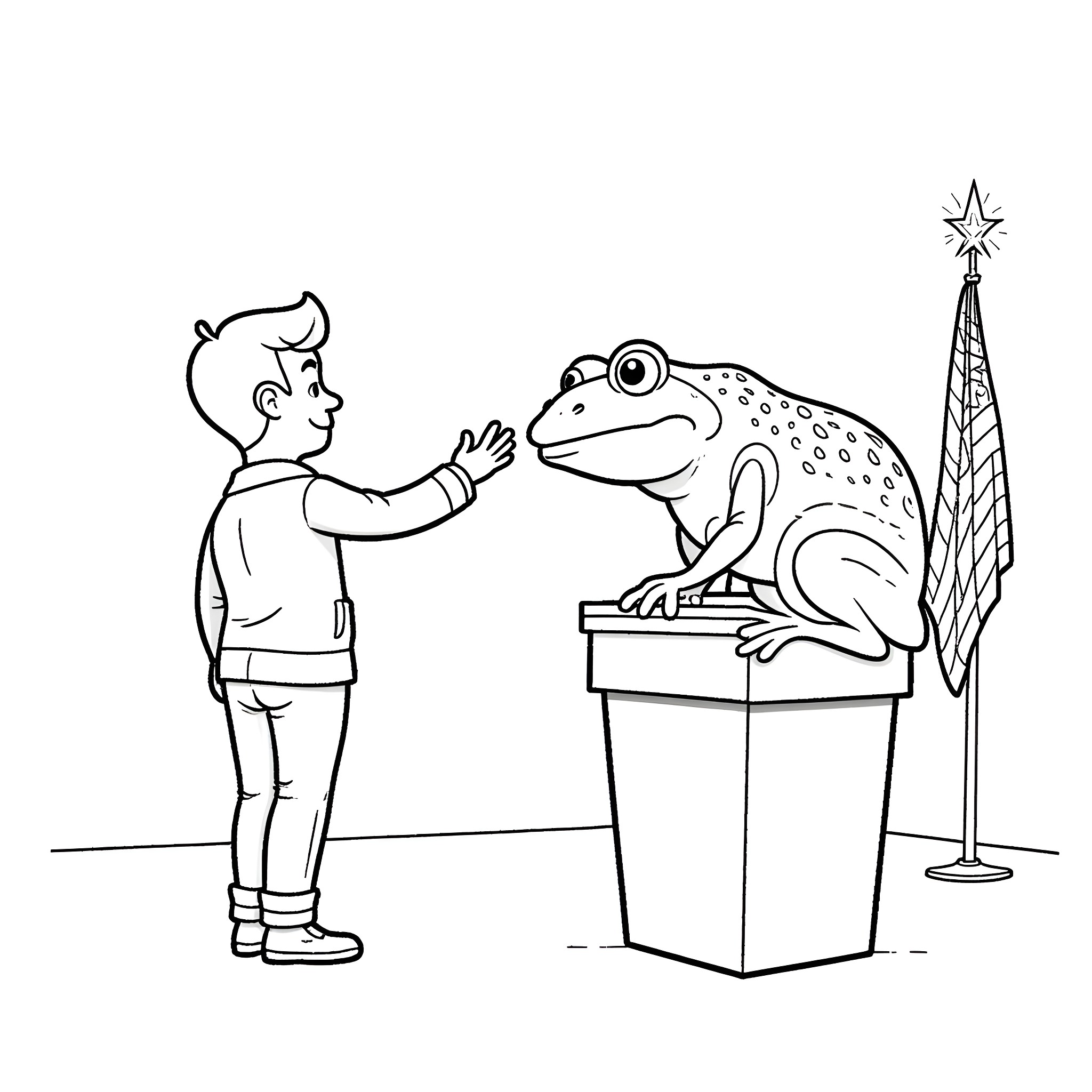 Jerma985 interacts with a giant frog on a stage Coloring Page (free black-and-white line drawing printable PDF for all, from beginners to advanced learners, including children, teens, adults, and seniors)