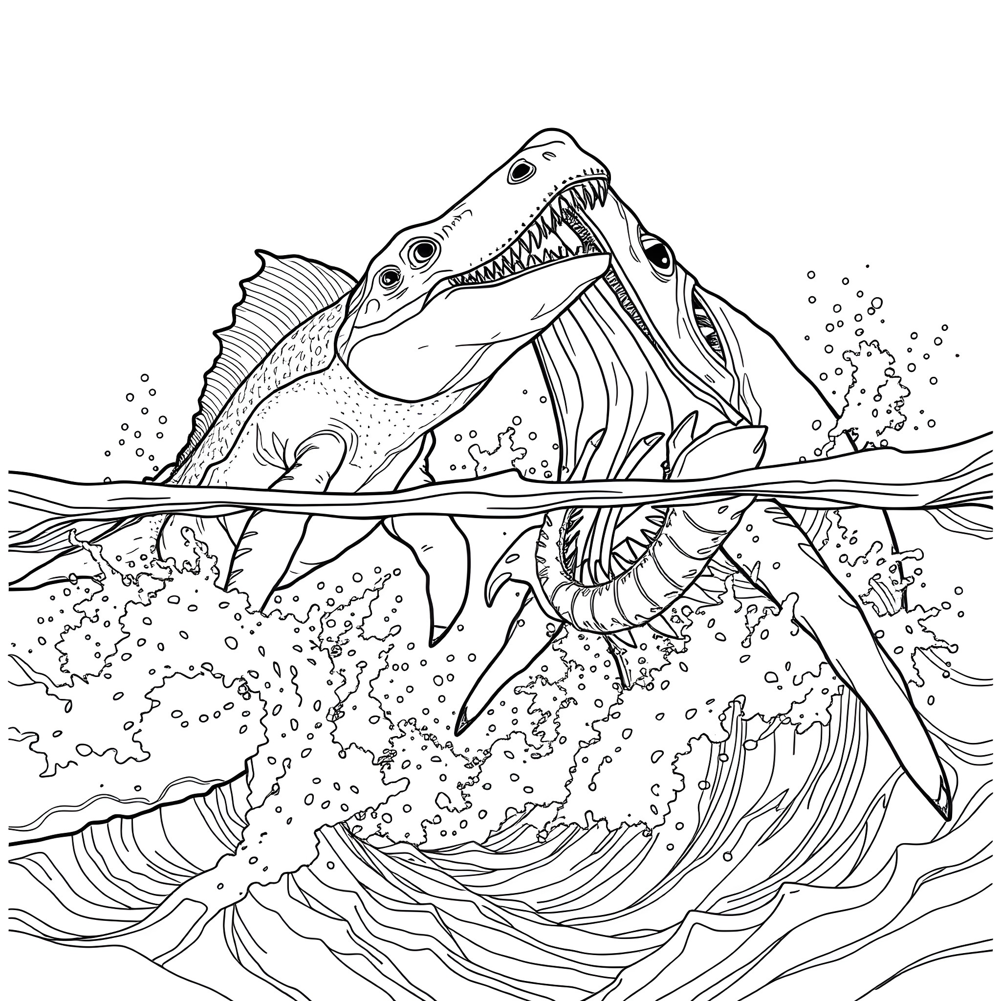 Spinosaurus hunting prey in the underwater seascape Coloring Page (free black-and-white line drawing printable PDF for all, from beginners to advanced learners, including children, teens, adults, and seniors)