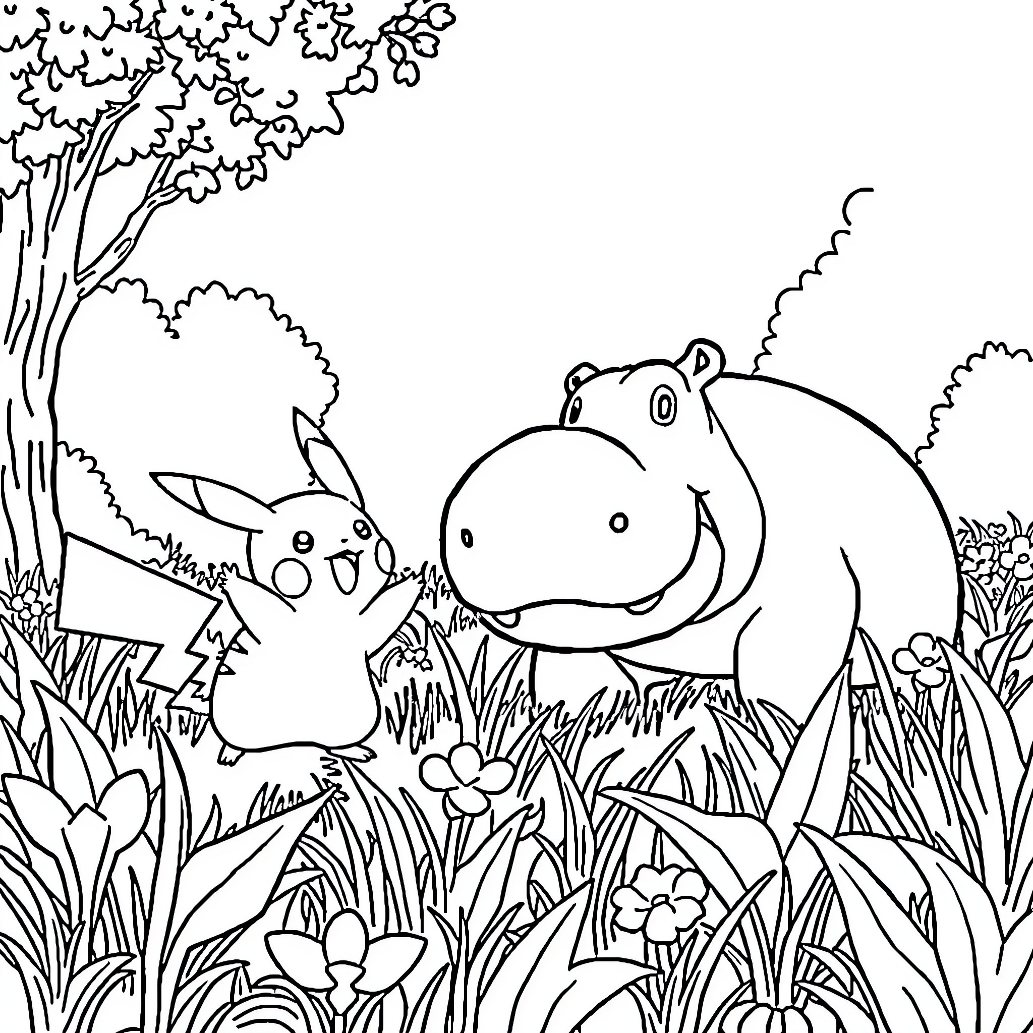 Pikachu playing with a Hippo in a Lush Forest Coloring Page (free black-and-white line drawing printable PDF for all, from beginners to advanced learners, including children, teens, adults, and seniors)