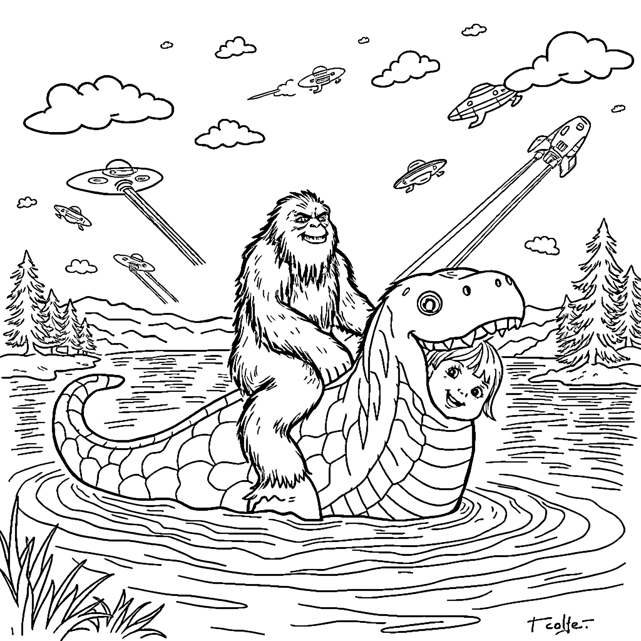 Bigfoot riding a friendly lake monster in a fantasy landscape Coloring Page (free black-and-white line drawing printable PDF for all, from beginners to advanced learners, including children, teens, adults, and seniors)