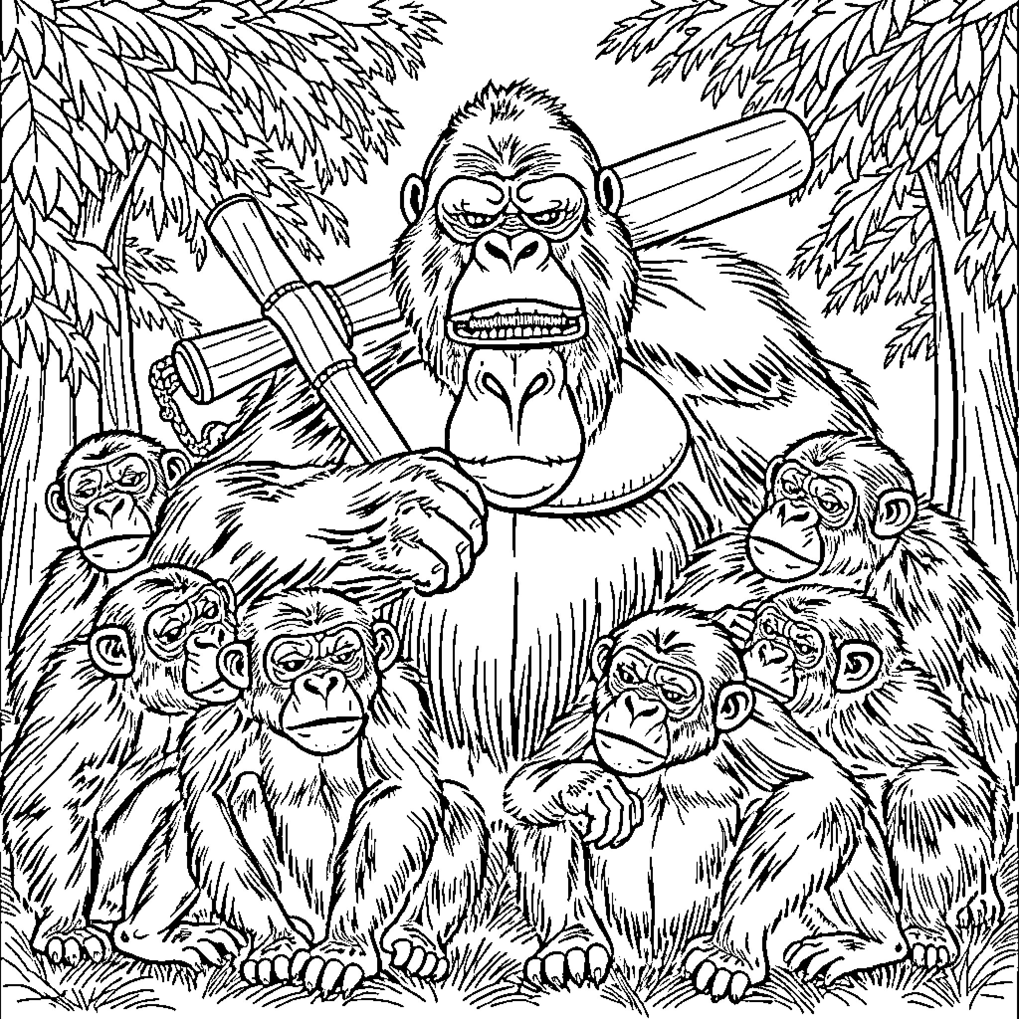 Chimp family in jungle habitat Coloring Page (free black-and-white line drawing printable PDF for all, from beginners to advanced learners, including children, teens, adults, and seniors)