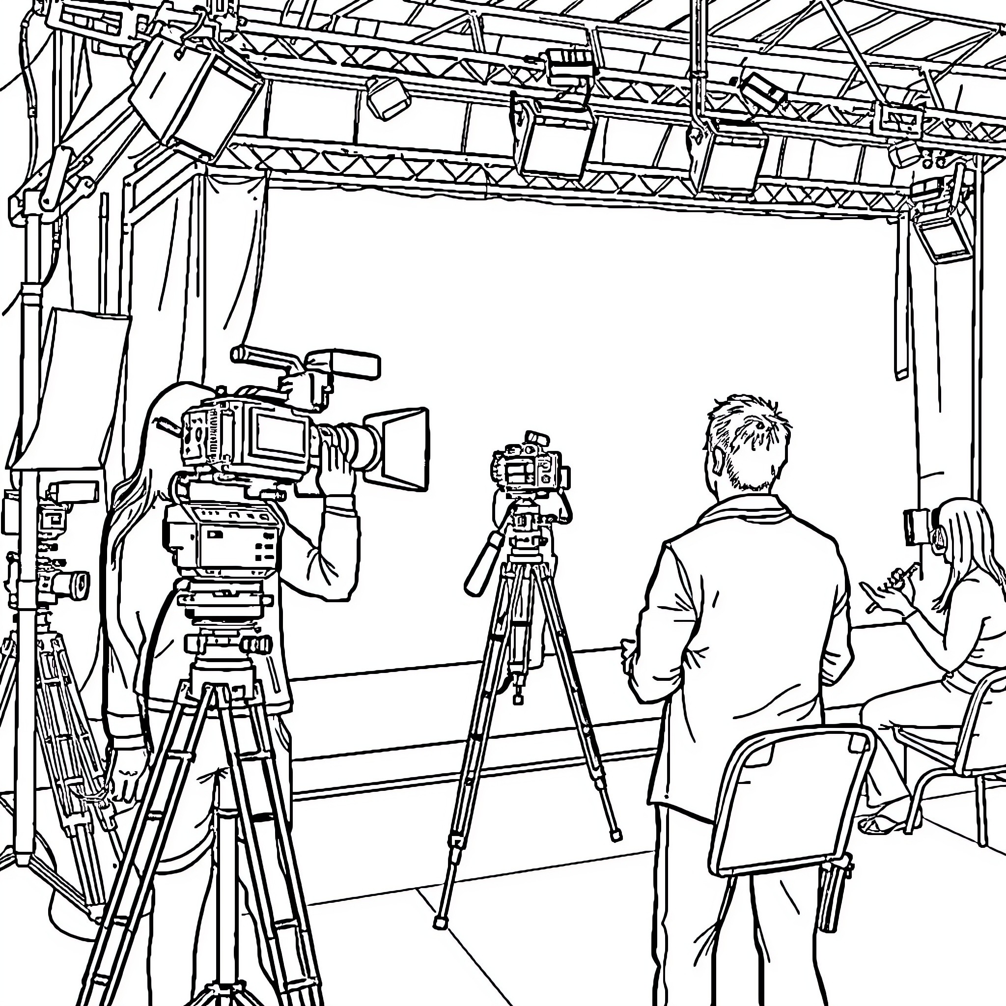 Movie Crew Recording Actors on Set Coloring Page (free black-and-white line drawing printable PDF for all, from beginners to advanced learners, including children, teens, adults, and seniors)