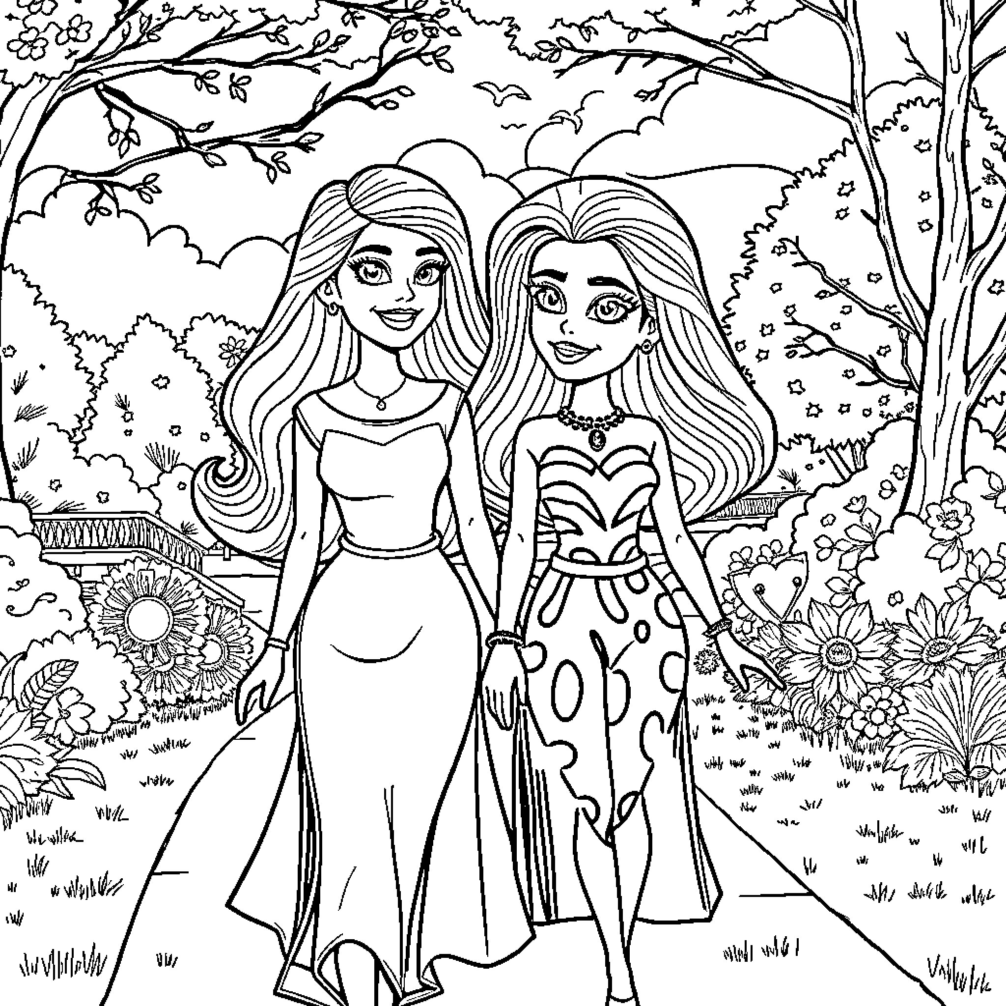 Barbie Friends Enjoying Outdoor Adventure Coloring Page (free black-and-white line drawing printable PDF for all, from beginners to advanced learners, including children, teens, adults, and seniors)