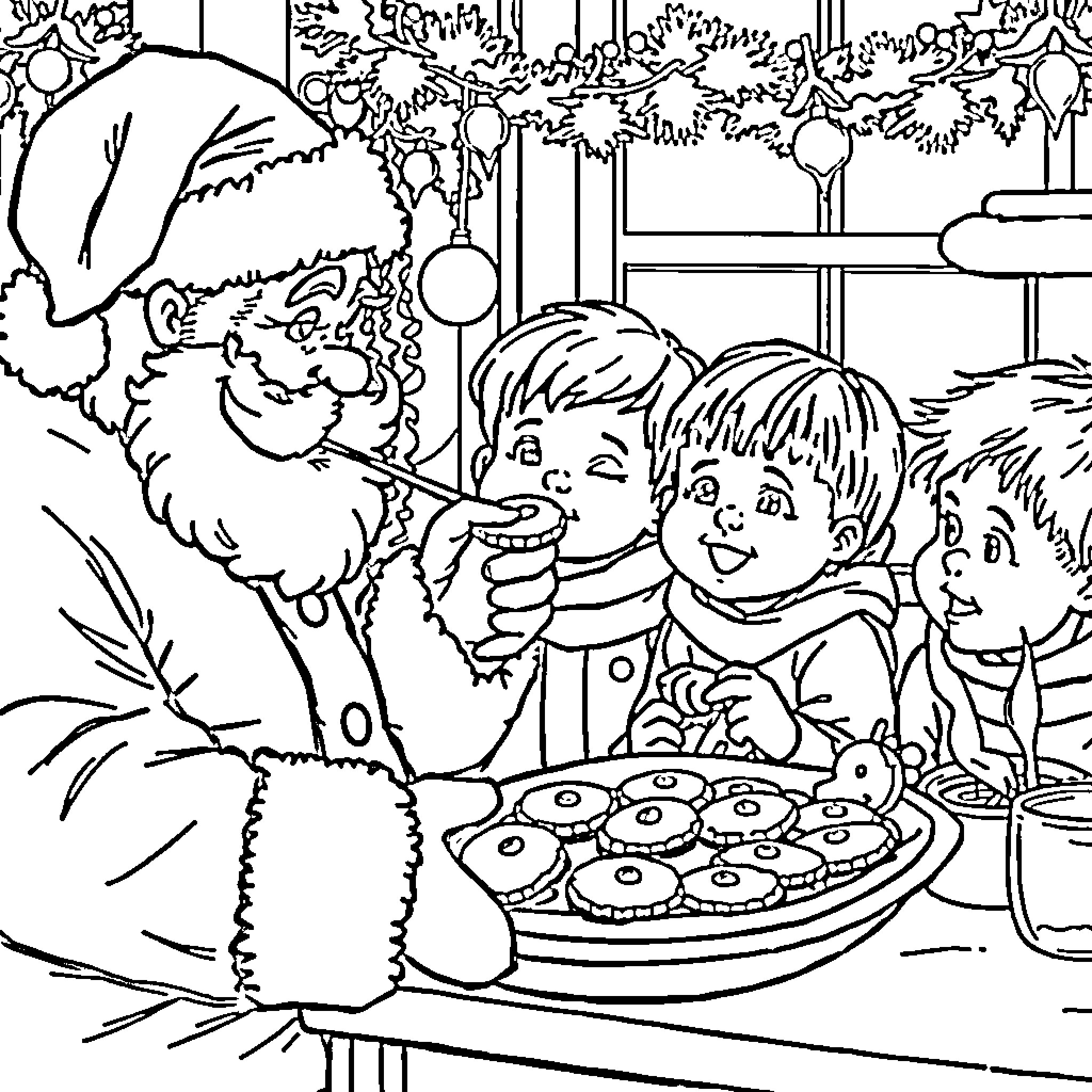Santa Sharing Treats with Happy Children Coloring Page (free black-and-white line drawing printable PDF for all, from beginners to advanced learners, including children, teens, adults, and seniors)
