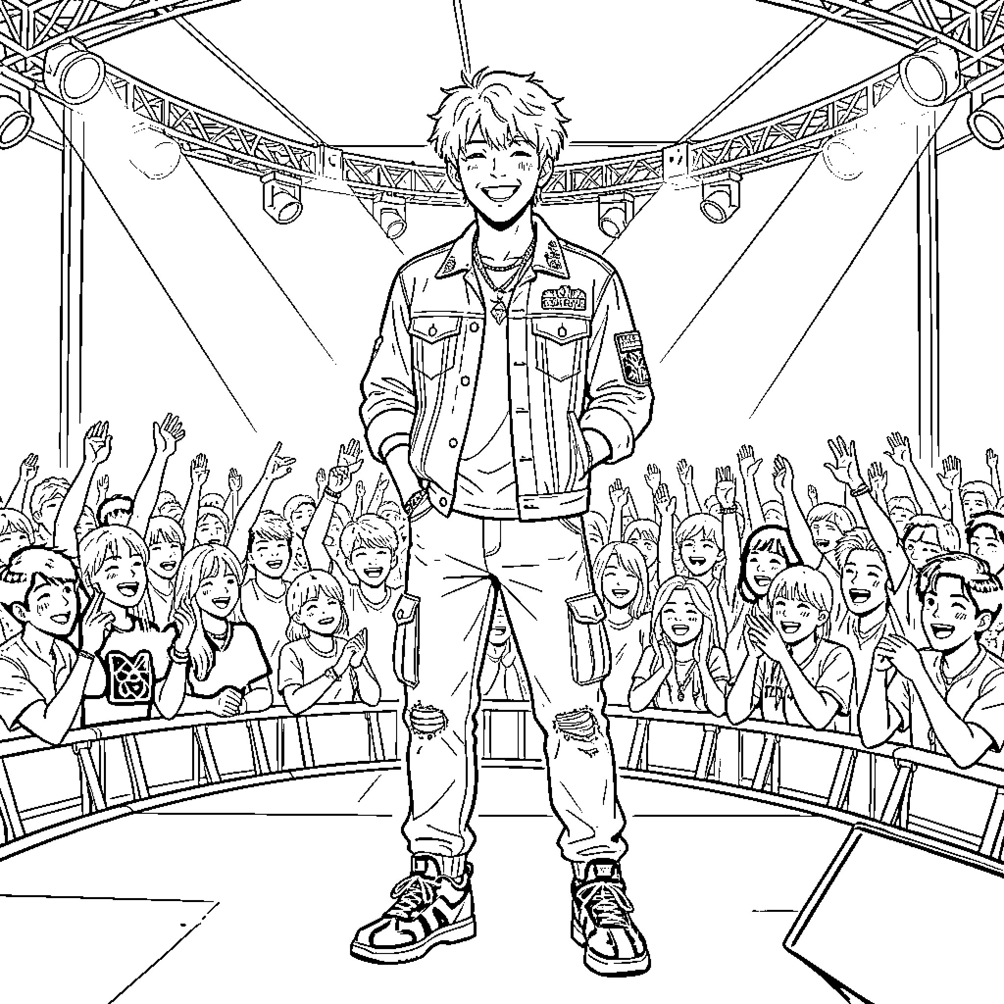 Felix Performing on Stage for Cheering Crowd Coloring Page (free black-and-white line drawing printable PDF for all, from beginners to advanced learners, including children, teens, adults, and seniors)