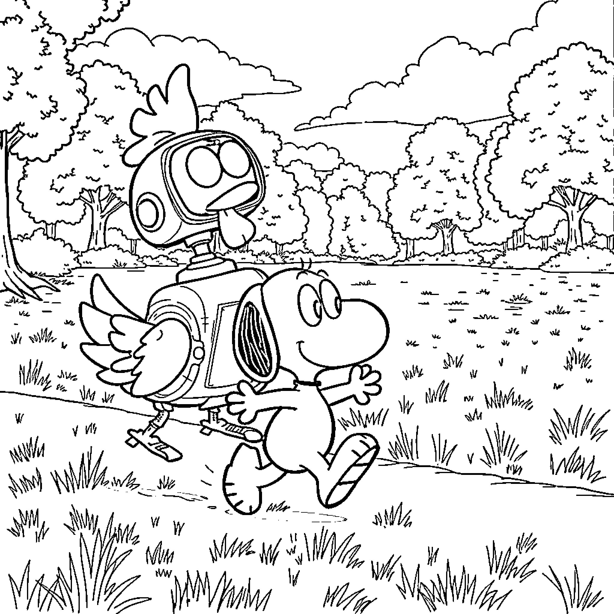 Snoopy and Woodstock's Outdoor Adventure Coloring Page (free black-and-white line drawing printable PDF for all, from beginners to advanced learners, including children, teens, adults, and seniors)